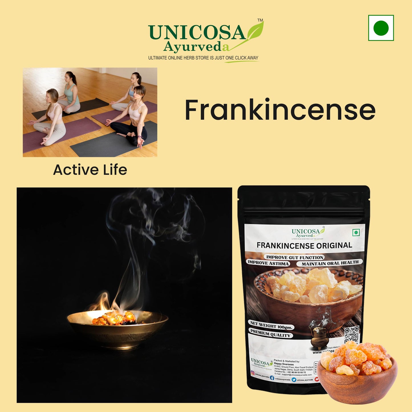 UNICOSA Ayurveda Pure Frankincese Resin 100gm Kunduru | Loban | Monastery Incense | Olibanum | Boswellia Carterii | Frankincense Tears | Pure Frankincense Granules | Premium Incense