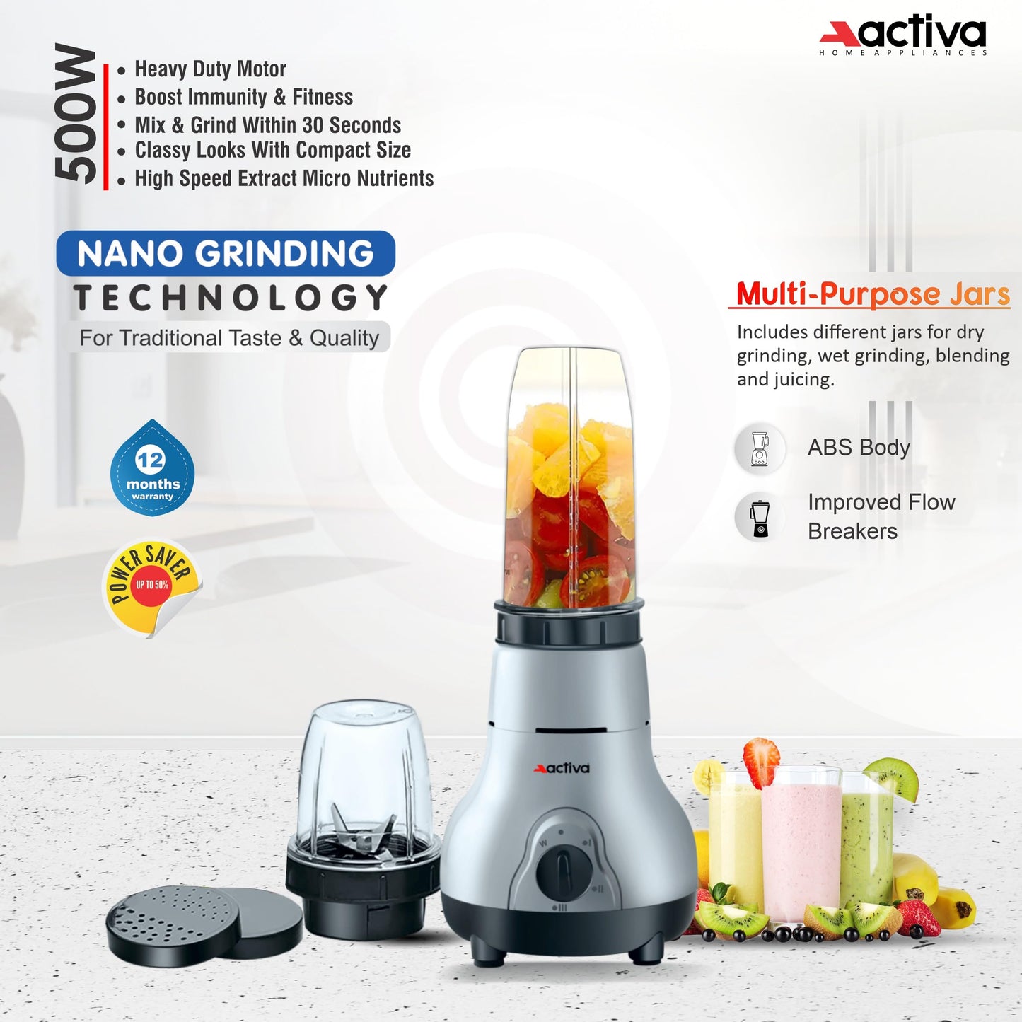 ACTIVA Easy Mix Nutri 2 Jar Mixer Grinder Powerful 500 Watt Motor | Long Lasting Shock Proof Abs Body | Heavy Duty Motor With Nano - Grinding Technology, Black come with 2 year warranty