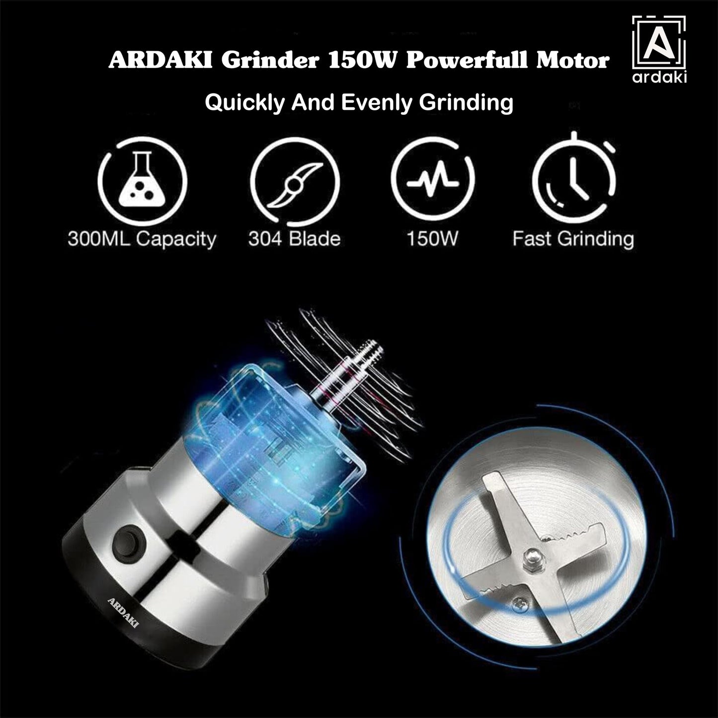 ARDAKI Grinder Machine for Kitchen Mixer Grinder Multi Functional Coffee Herbs Spices Nuts Grain Seasonings Spices Mill Powder Machine Stainless Steel Mixie for Kitchen (Mixer_Grinder_200)