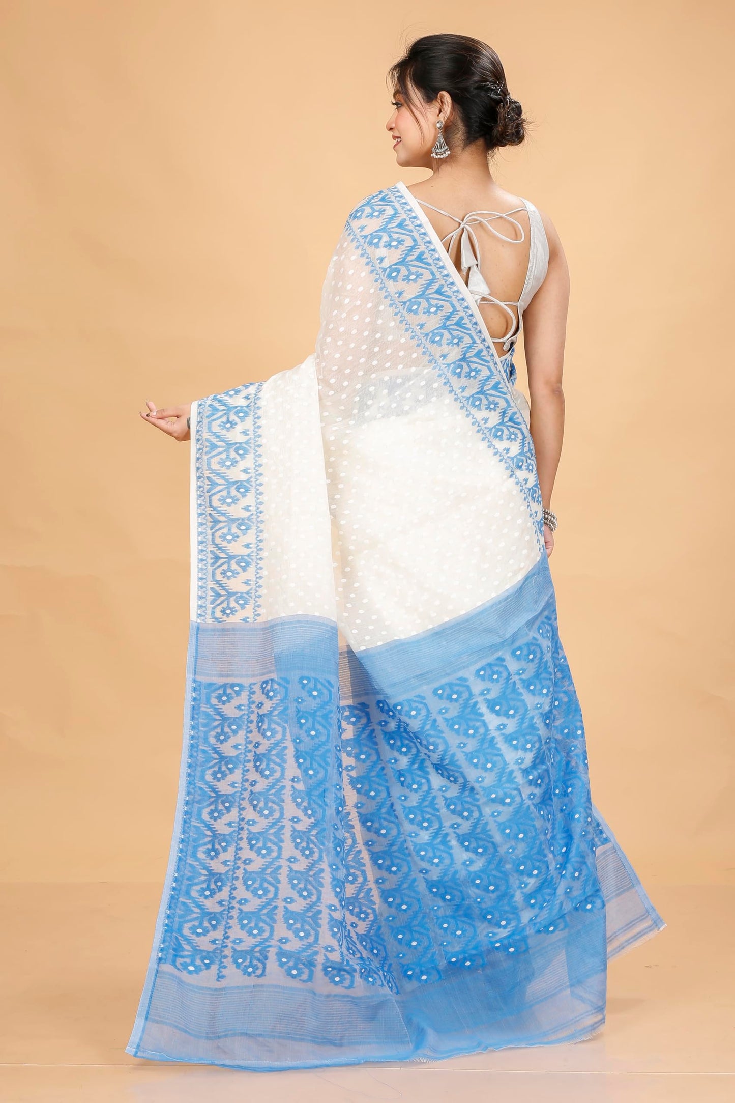 Tant Vastra Women’s Soft Resham Dhakai Ball Work Jamdani Saree without Starch And Without Blouse Piece (Steel) (White-Light Blue)