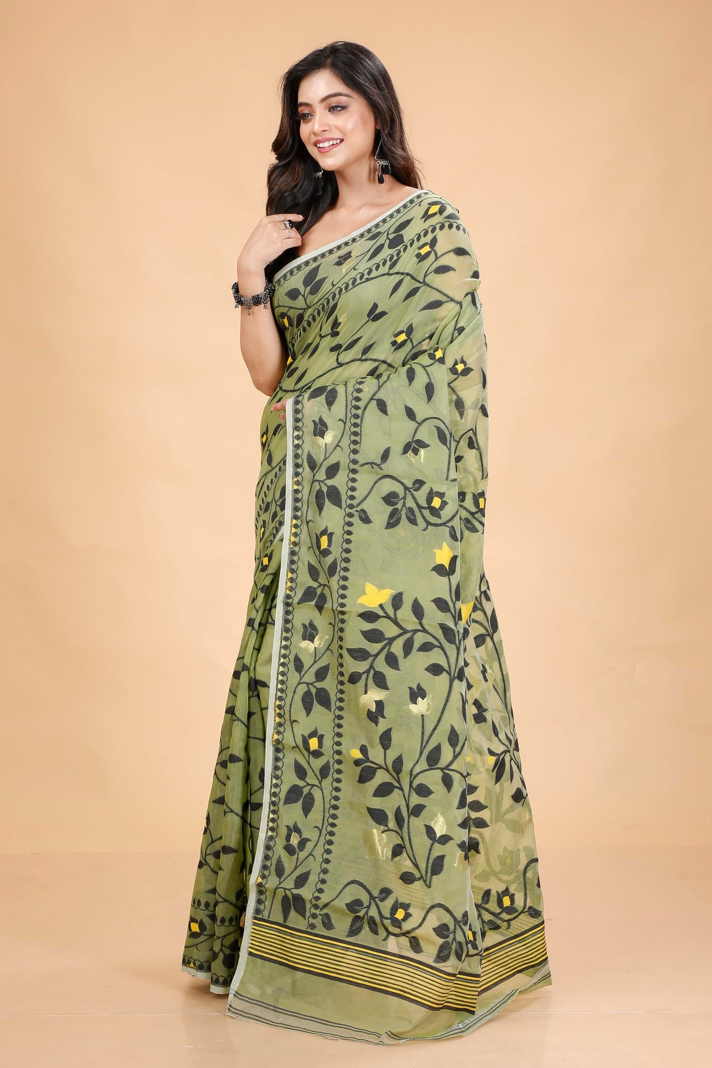 Tant Vastra Women’s Soft Resham Dhakai Lata Jamdani Saree without Starch And Without Blouse Piece (Light Pista)
