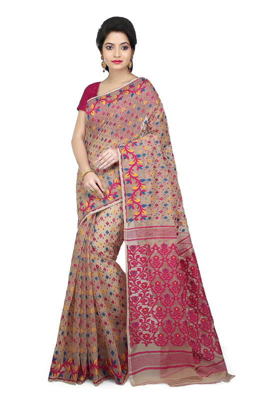 WoodenTant Women’s Dhakai Jamdani Soft Cotton Silk Saree In Beige & Pink With Thread Work