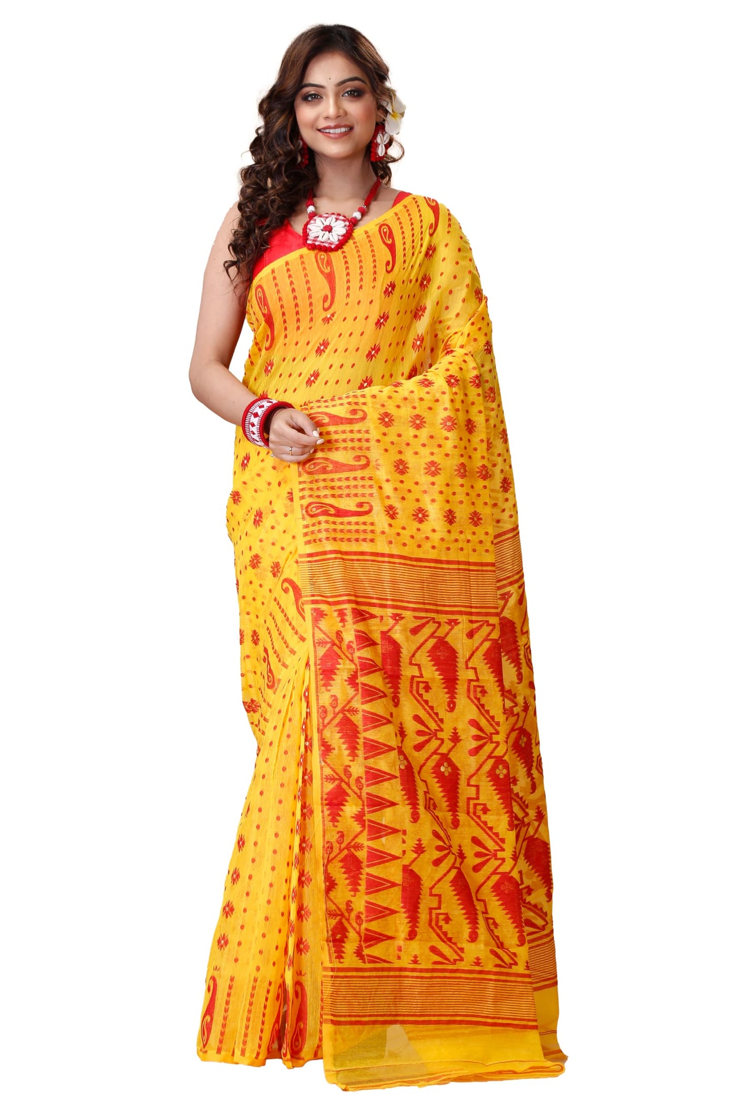 Tant Vastra Stylish Soft Cotton Silk Jamdani Saree For Women, Without Blouse Piece (Yellow)