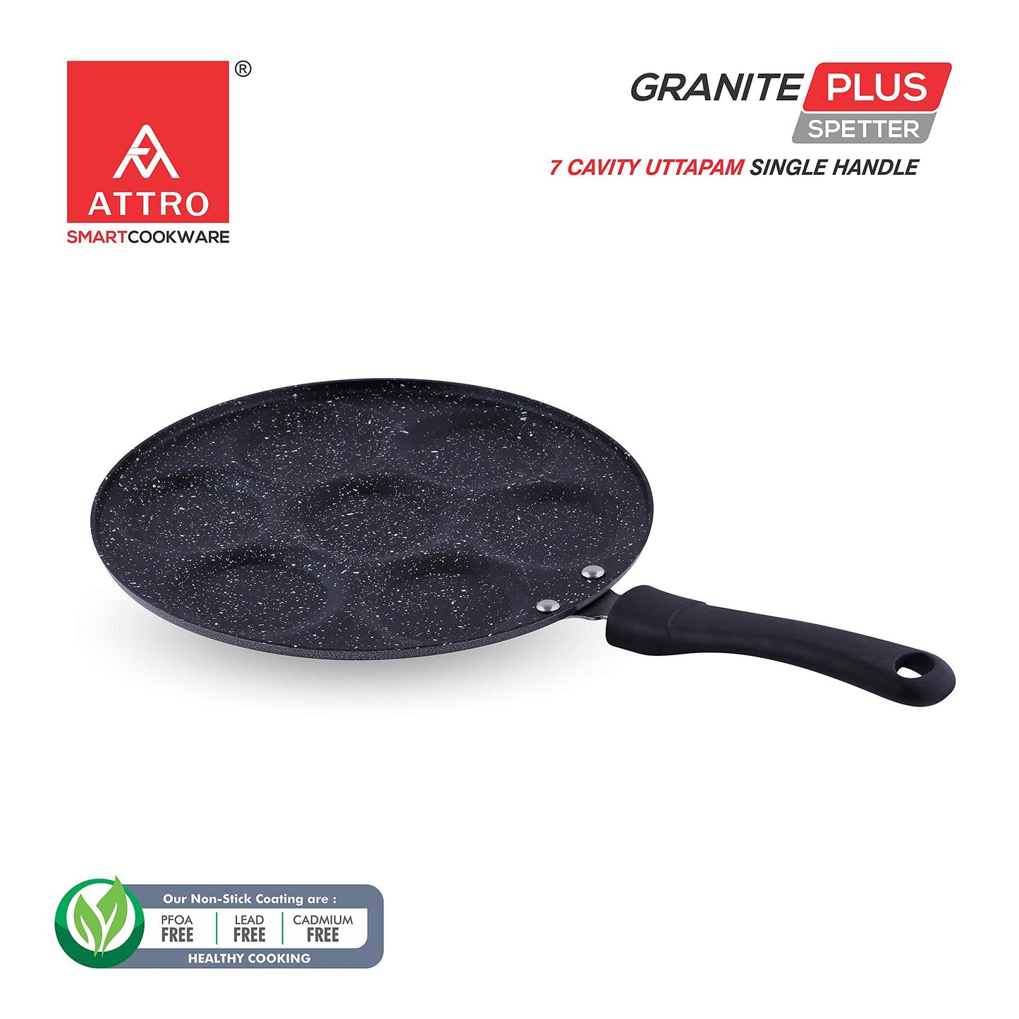 Attro Non Stick Heavy Duty 7 Cavity Single Handle Uttapam Tawa, Spatter Finish, Black