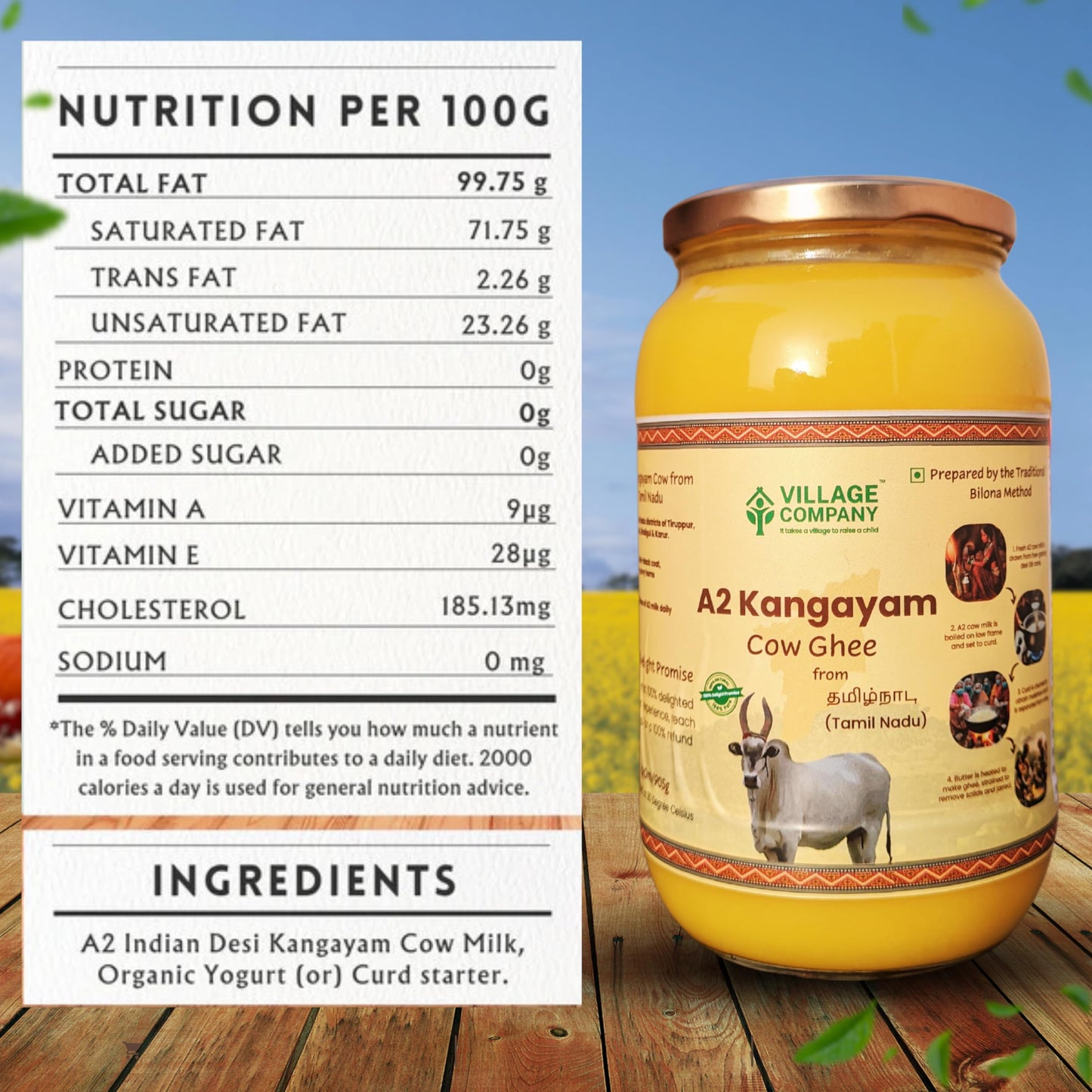 Village Company A2 Bilona Desi Cow Ghee | Bilona Method | Premium, Organic, Traditional | Grass Fed | Kangayam Desi Cow | Lab-Certified | Glass Jar 1L
