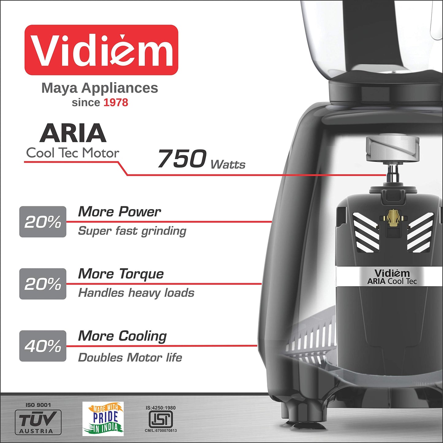 Vidiem Mixer Grinder 581 A Vision Plus (Multicolour) | 750 watt Mixer grinder with 4 Jar in-1 Juicer | Leakproof Jars with self-lock for wet & dry spices, chutneys & curries | 5 Years Warranty