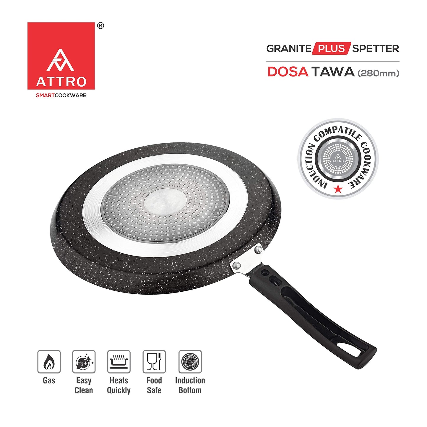 Attro Non-Stick Aluminium Gas Stove & Induction Compatible Dosa Tawa 28 Cm, Marble Grey