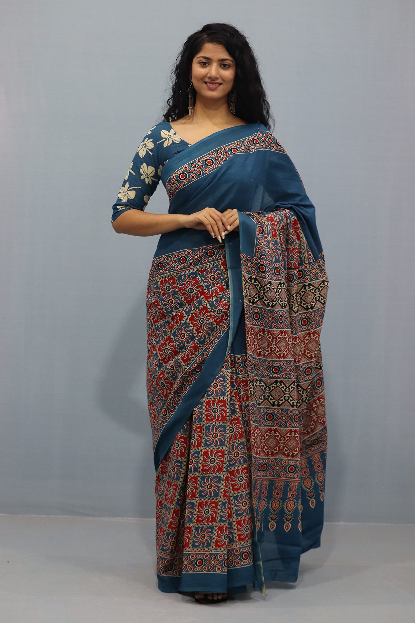 Tropwear Handicrafts Women's Ikat Hand Block Print Jaipuri Cotton Mulmul Saree with Blouse Piece - _SH_320