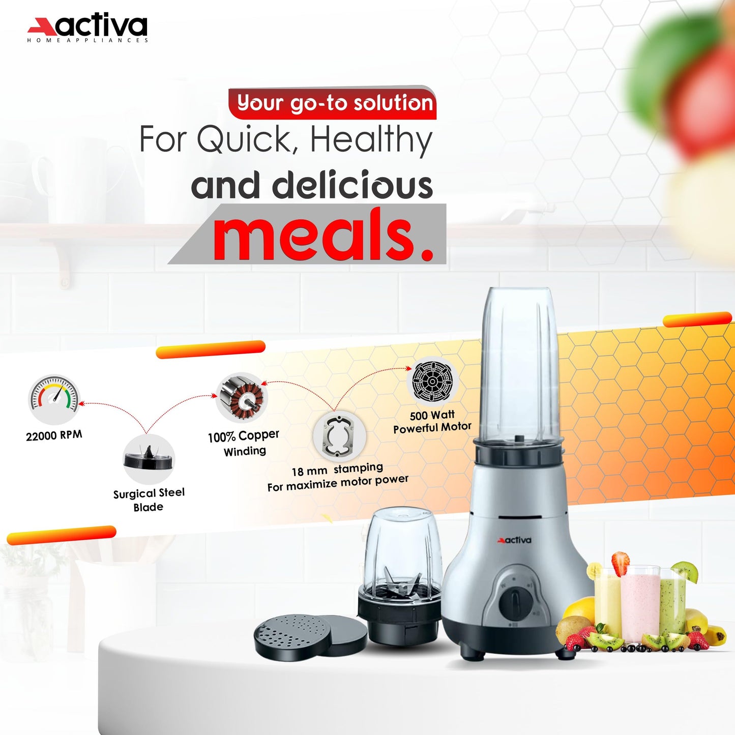 ACTIVA Easy Mix Nutri 2 Jar Mixer Grinder Powerful 500 Watt Motor | Long Lasting Shock Proof Abs Body | Heavy Duty Motor With Nano - Grinding Technology, Black come with 2 year warranty