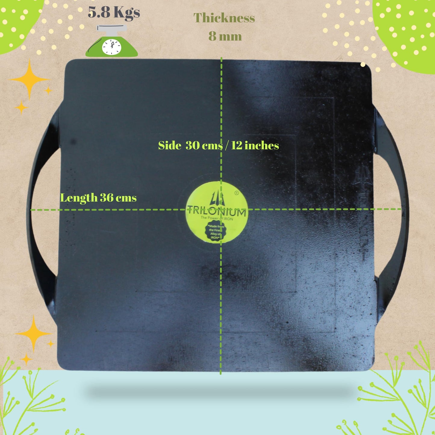 TRILONIUM Triple-Seasoned Iron Boulder Square Griddle pathri Tawa 30 x 30 cms, Ultra Smooth, Weights 5.8 Kgs