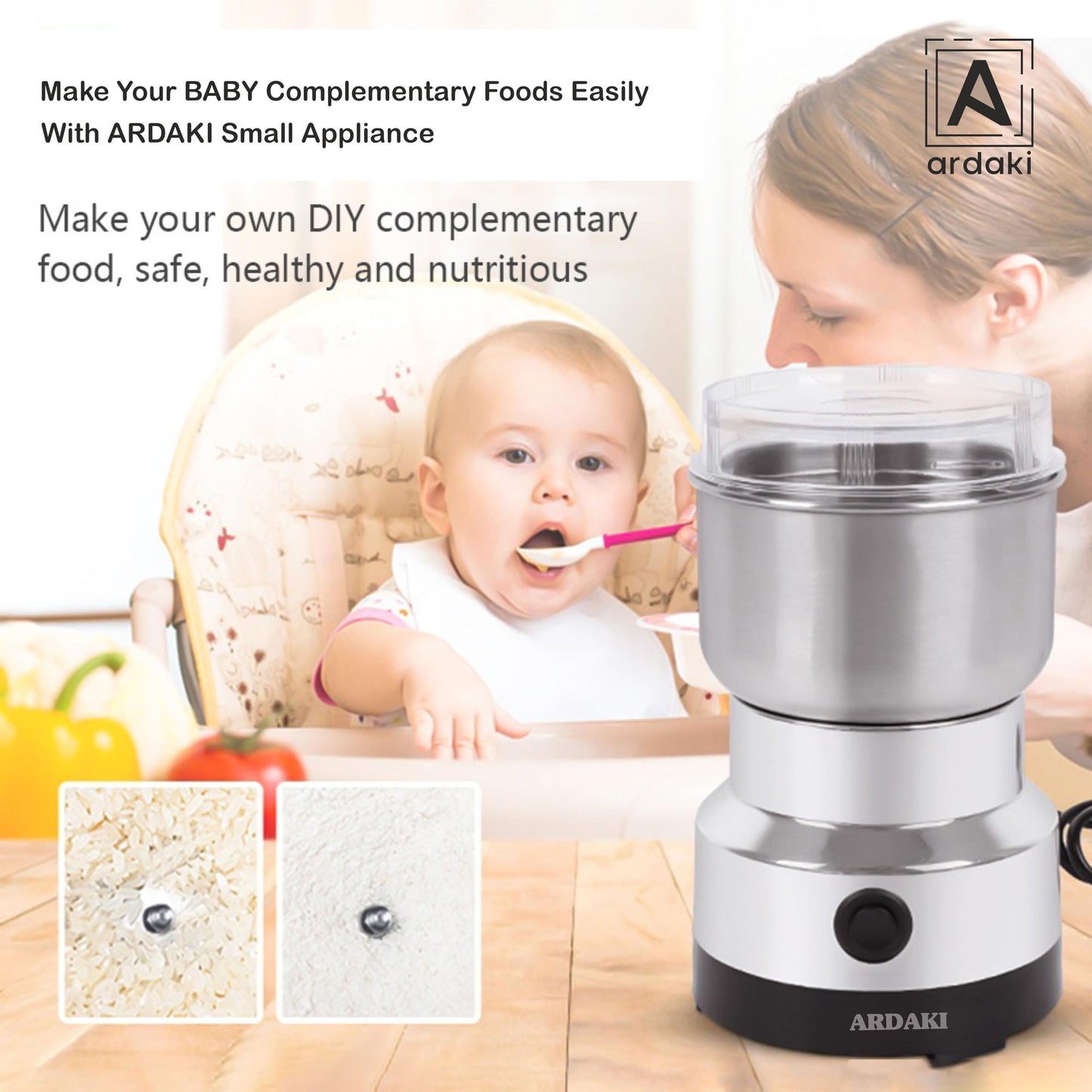 ARDAKI Grinder Machine for Kitchen Mixer Grinder Multi Functional Coffee Herbs Spices Nuts Grain Seasonings Spices Mill Powder Machine Stainless Steel Mixie for Kitchen (Mixer_Grinder_200)