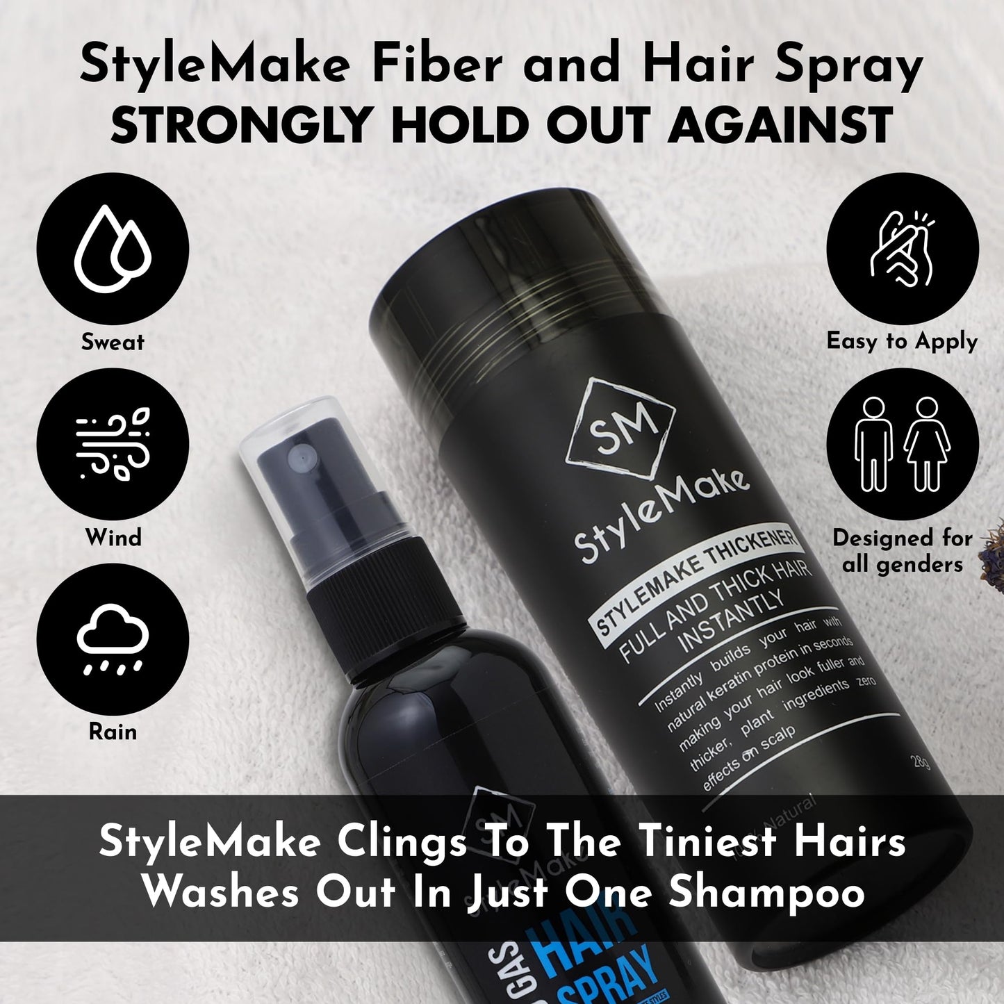 STYLEMAKE Thickener Hair Loss Concealer With Hair Spray - Hair Building Fibers - Hair Fibers For Thin & Fine Hair - Hair Thickening Fibers For Men & Women- Combo Pack (Black) -28 Grams