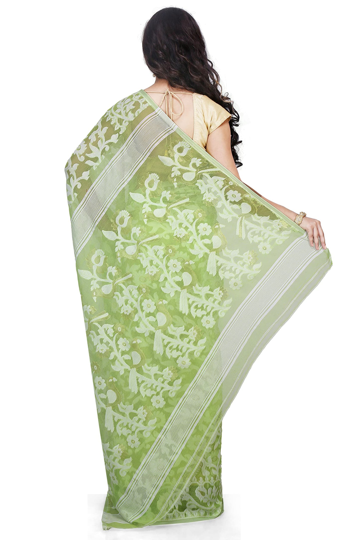 Bengal Handloom Women's Jamdani Cotton Saree Without Blouse Piece (Pakhid_Green)