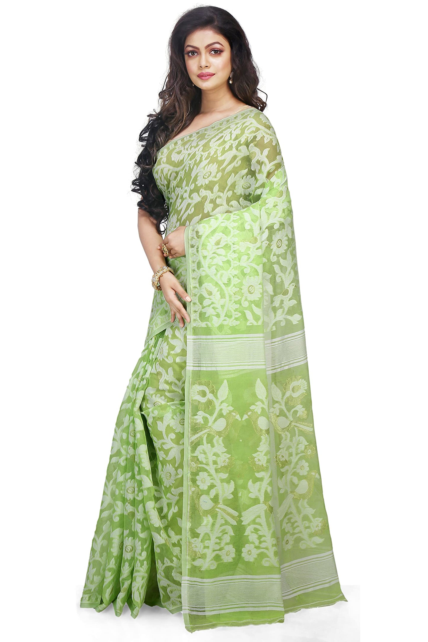 Bengal Handloom Women's Jamdani Cotton Saree Without Blouse Piece (Pakhid_Green)