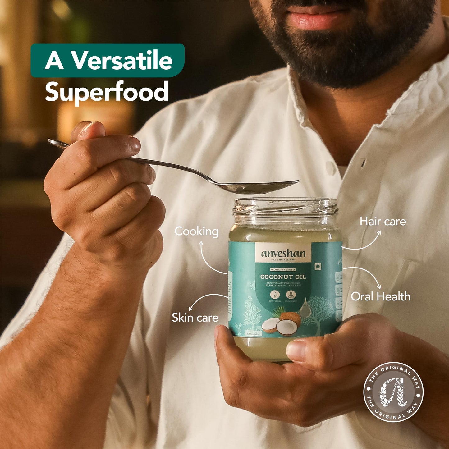 Anveshan Wood Pressed Coconut Oil - 1 Litre | Glass Bottle | Kolhu/Kacchi Ghani/Chekku | Natural | Chemical-Free | Coconut Oil for baby massage | Cold Pressed Coconut Oil for Cooking.