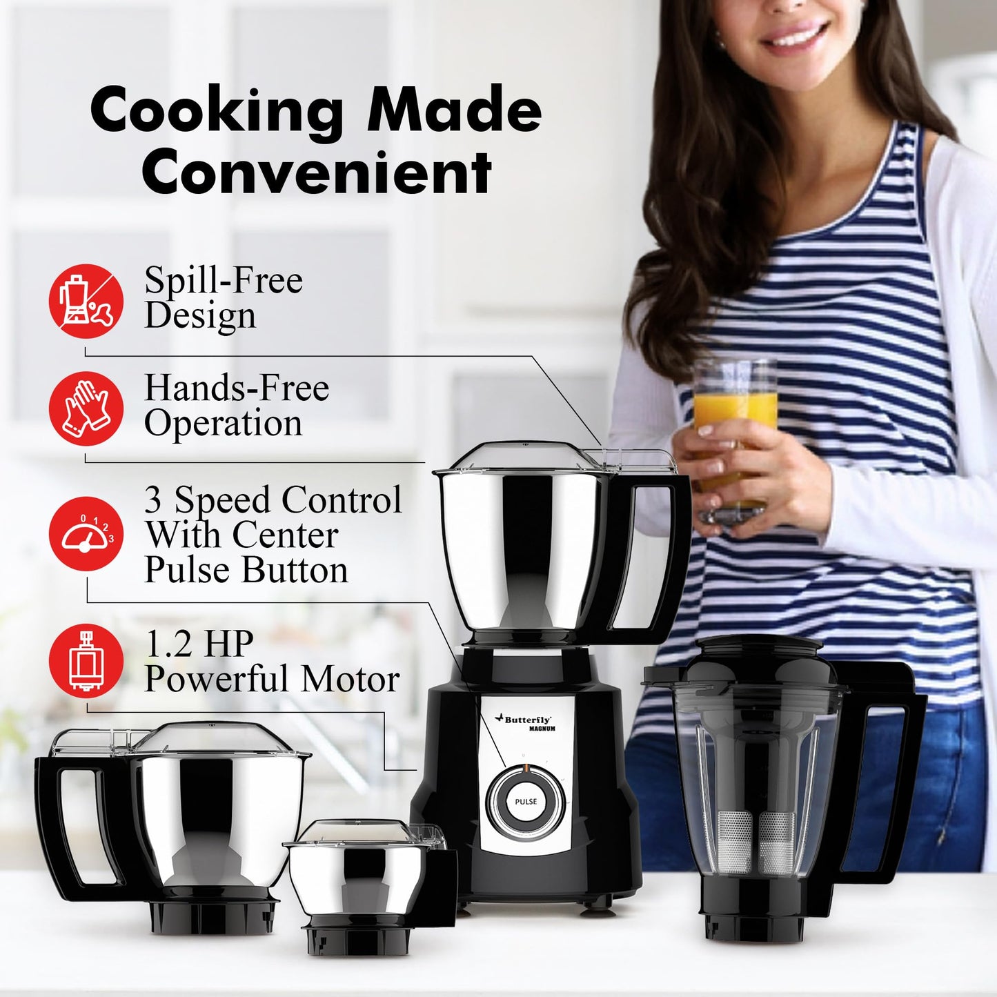 Butterfly Magnum 1.2HP Mixer Grinder with 4 Jars | 100% Copper Motor | 3 Stainless Steel Multipurpose Jars and 1 Juicer Jar | ABS Body | Handsfree Operation | Lifetime Motor Warranty| Black