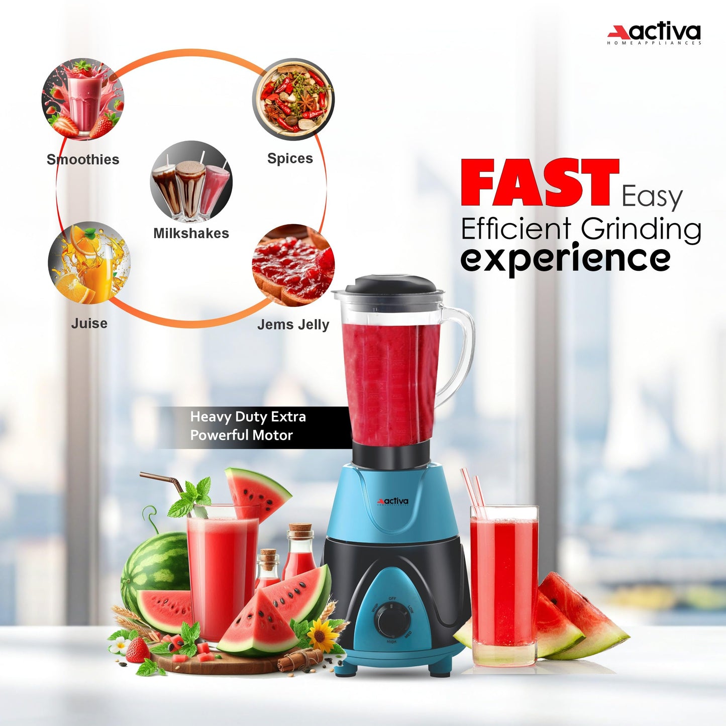 ACTIVA Megamix 1000 W Powerful Motor Mixer Grinder With 4 Jars | 2 Years Motor Warranty, Red