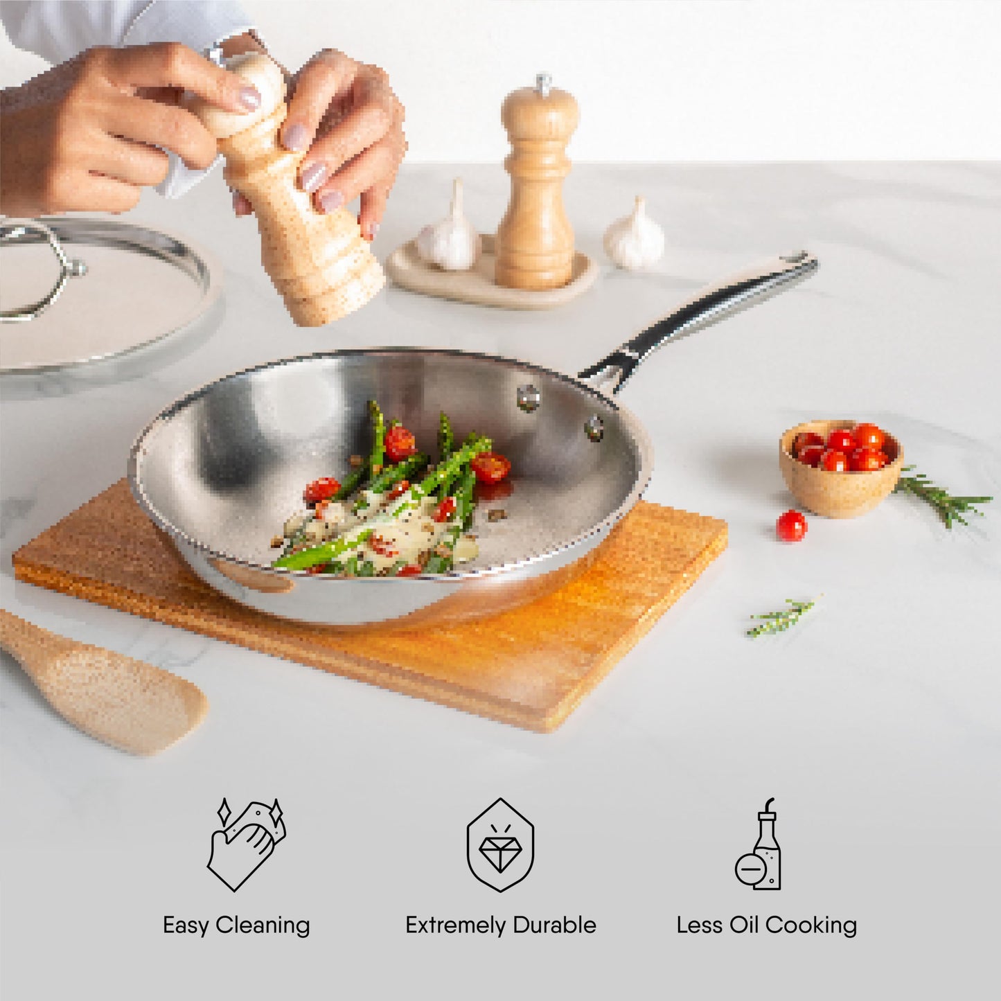 Stahl Artisan Triply Stainless Steel Fry Pan with Lid, Induction & Gas Stove Compatible Frying Pan, Omelette Pan, Egg Pan, 1.6 L, 24 cm