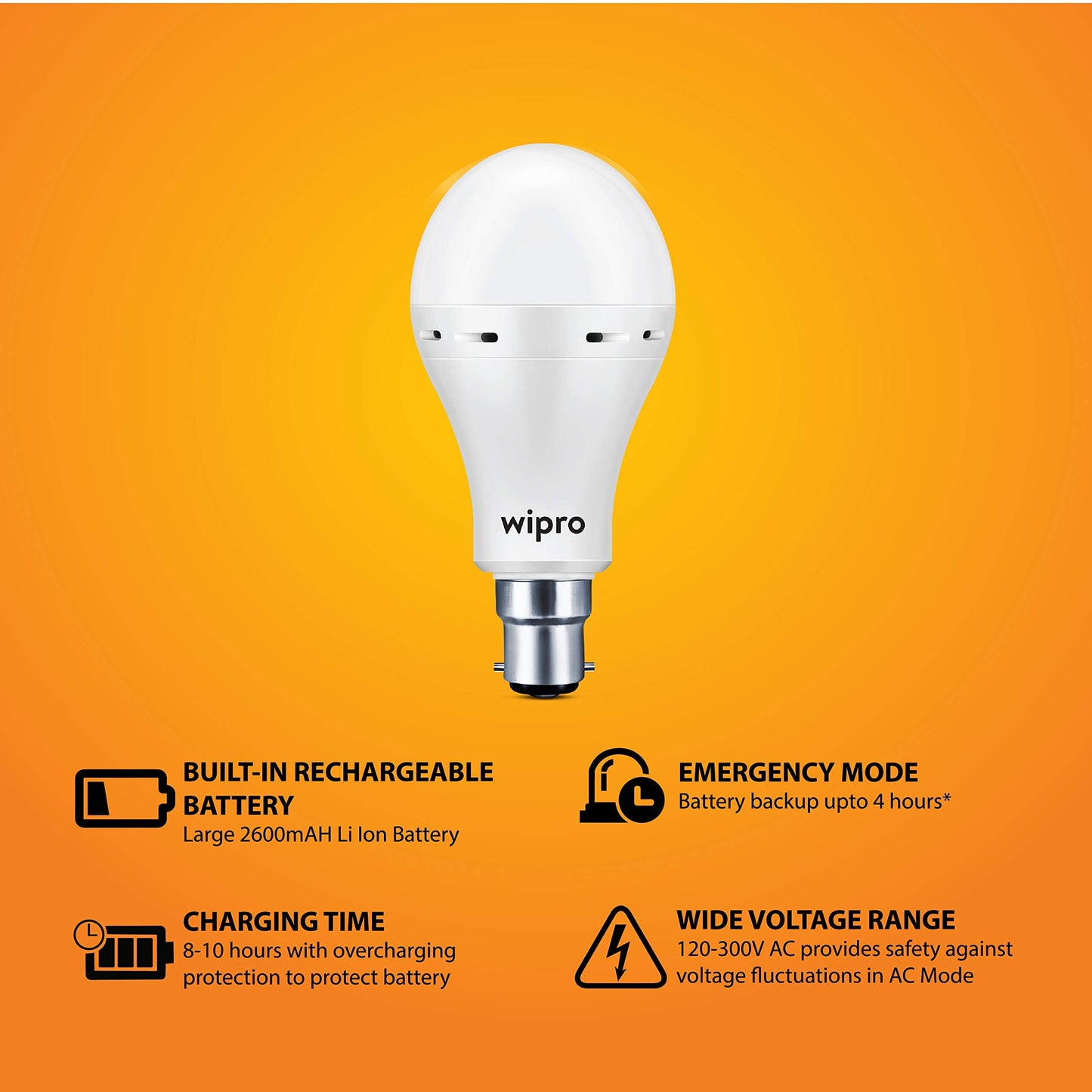 wipro Garnet 9w LED Emergency Bulb | Cool Day White (6500K) | B22 LED Bulb Base | Inverter Bulb for home, with 4 Hours battery back up| Li-ion Battery | Over charging Protection | Pack of 1