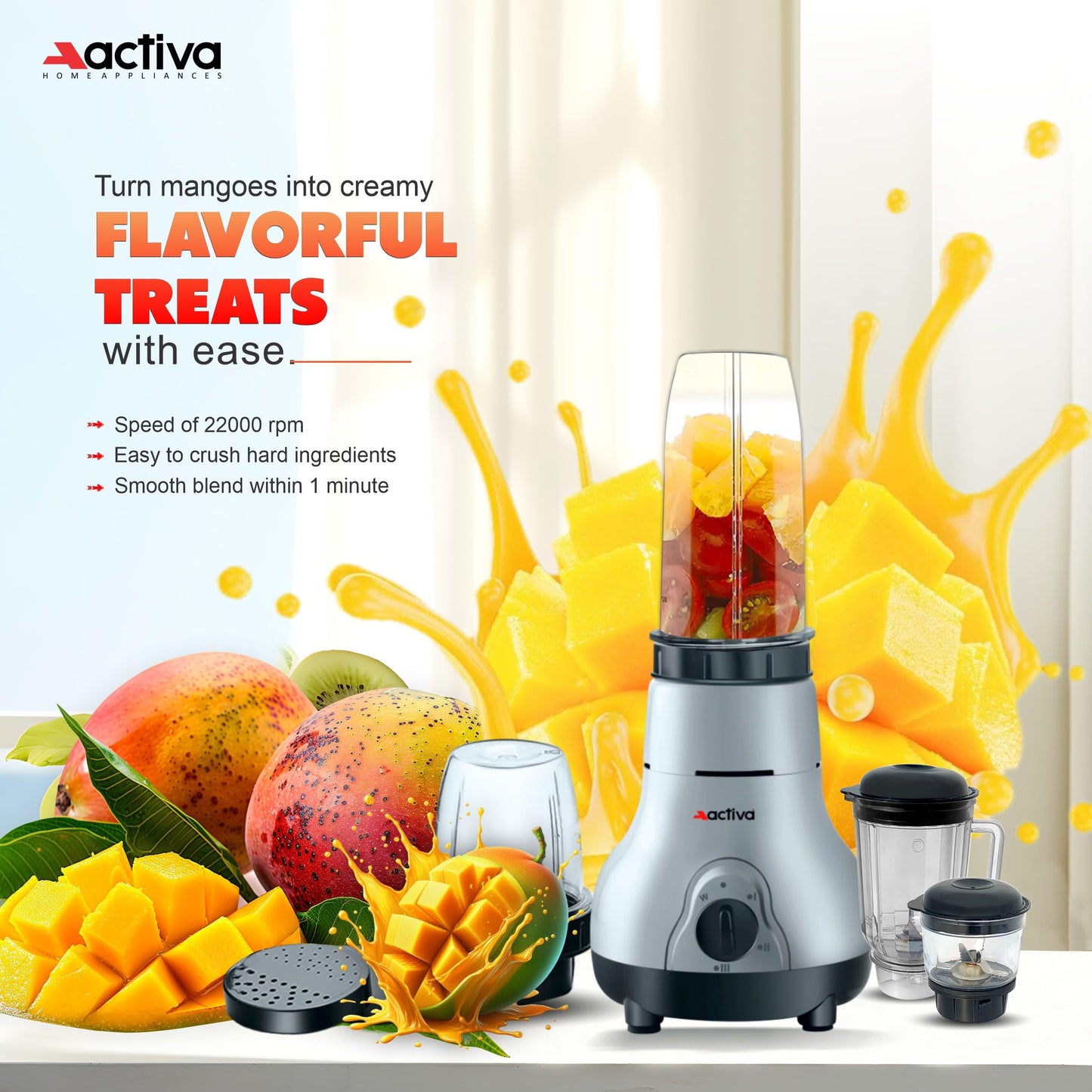 ACTIVA Easy Mix Nutri 4 Jar Mixer Grinder Powerful 500 Watt Motor | Long Lasting Shock Proof Abs Body | Heavy Duty Motor With Nano - Grinding Technology, Gray come with 2 year warranty