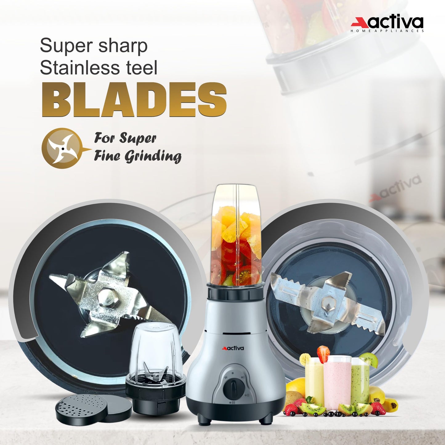 ACTIVA Easy Mix Nutri 2 Jar Mixer Grinder Powerful 500 Watt Motor | Long Lasting Shock Proof Abs Body | Heavy Duty Motor With Nano - Grinding Technology, Black come with 2 year warranty