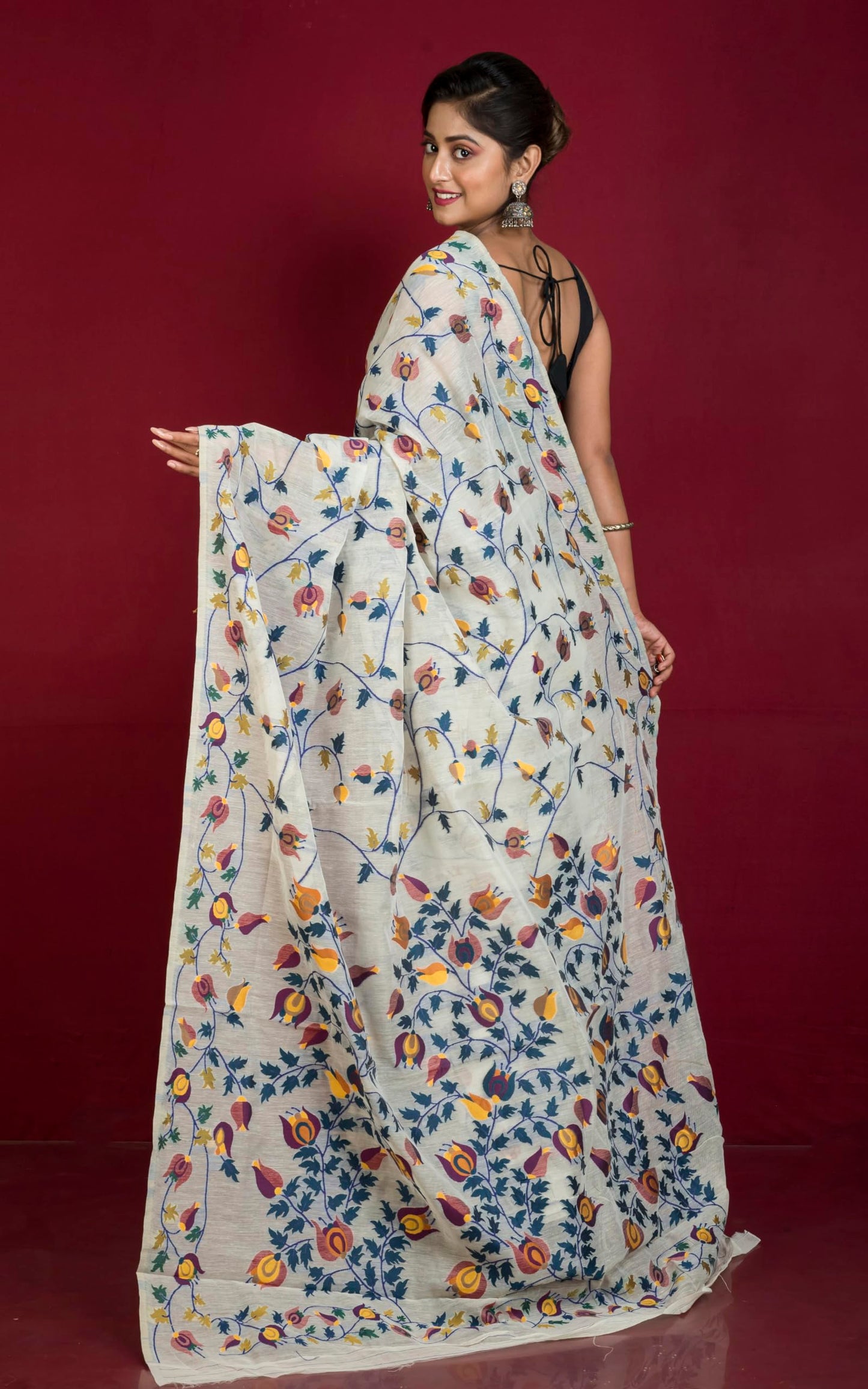 BENGAL LOOMS INDIA Tantuja Inspired Traditional Karat Nakshi Work Soft Jamdani Saree Women Rich Texture Smooth Finish Sari Indian Tradition Saree in Stone Beige and Multicolored for Casual Formal Wear