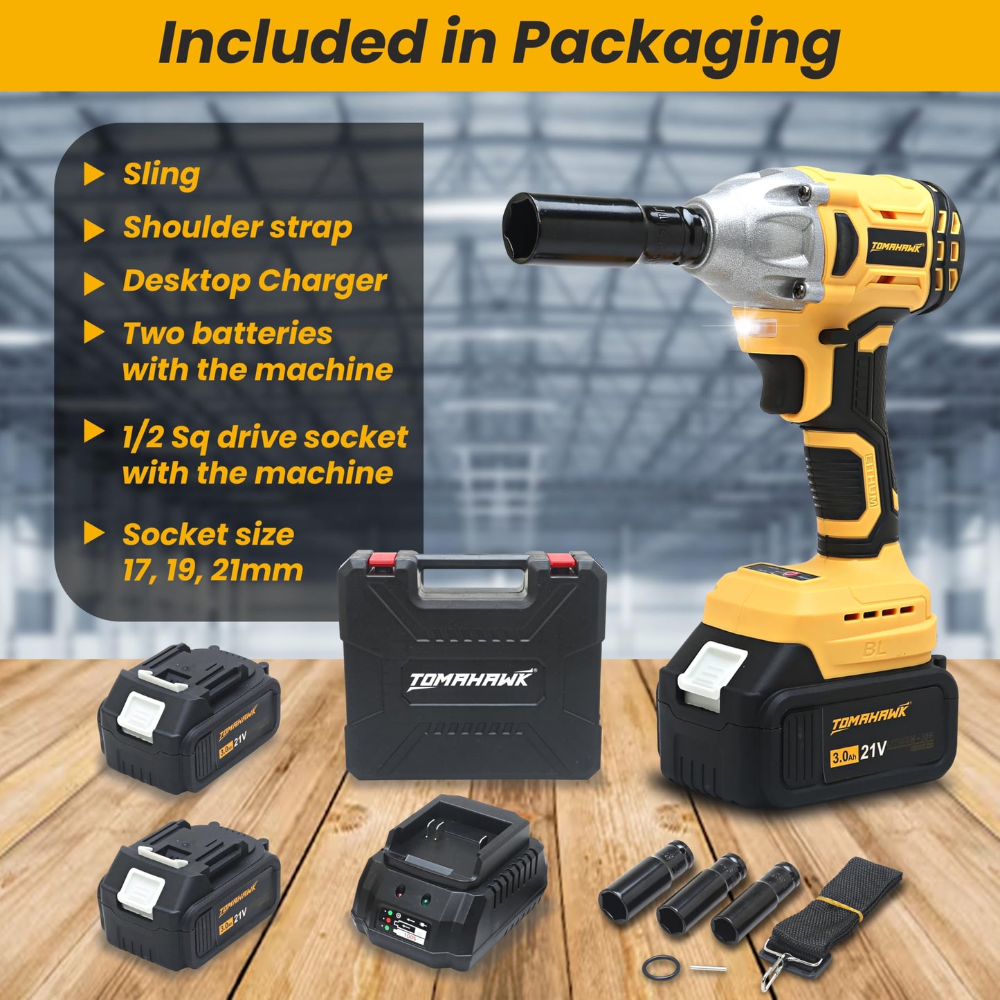 Tomahawk® T8582-2 Brushless Cordless 21V Batteries- 1/2 Inch Drive-3300Ipm- 2300Rpm-300Nm Torque- Led Lights, Fixed Square