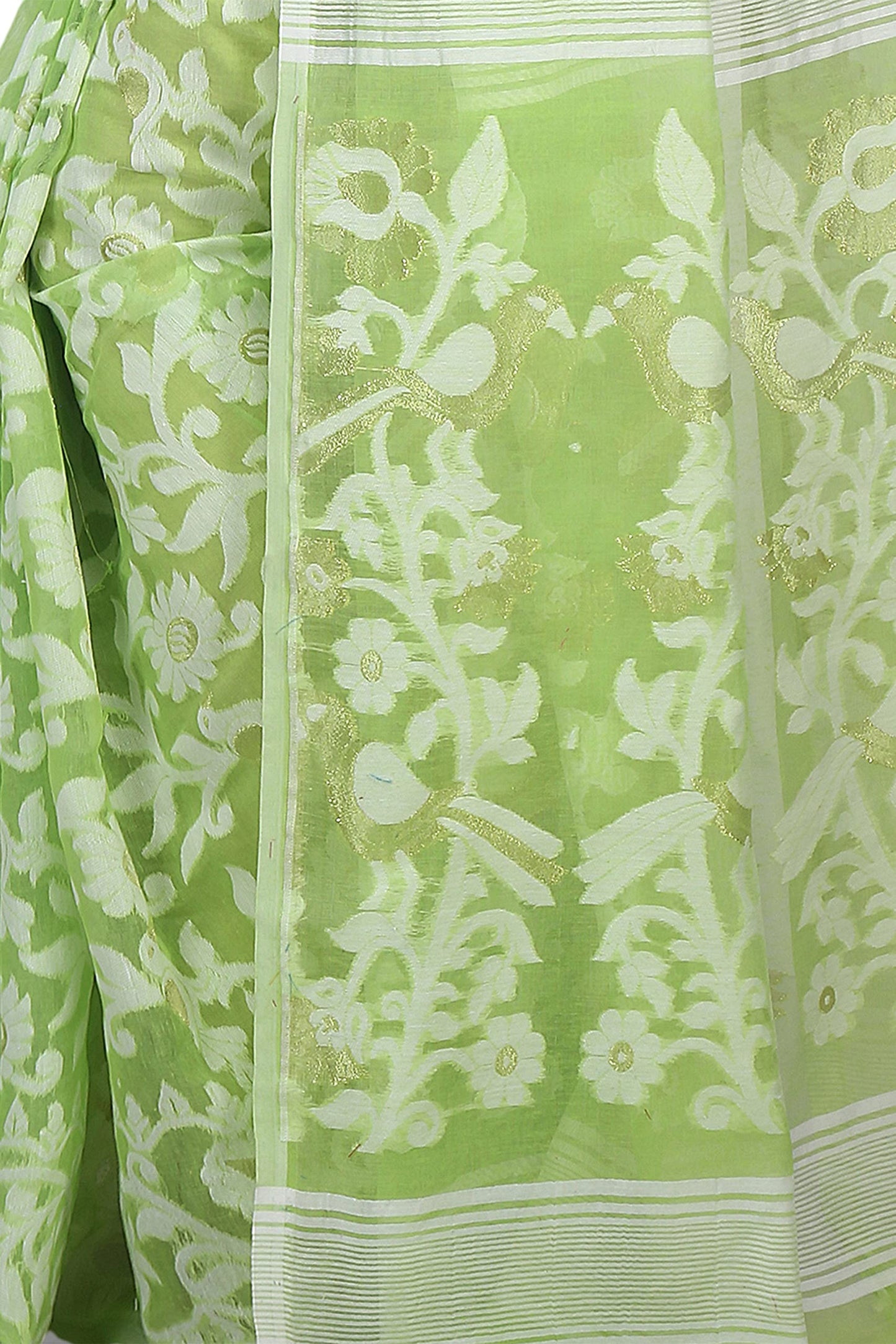 Bengal Handloom Women's Jamdani Cotton Saree Without Blouse Piece (Pakhid_Green)