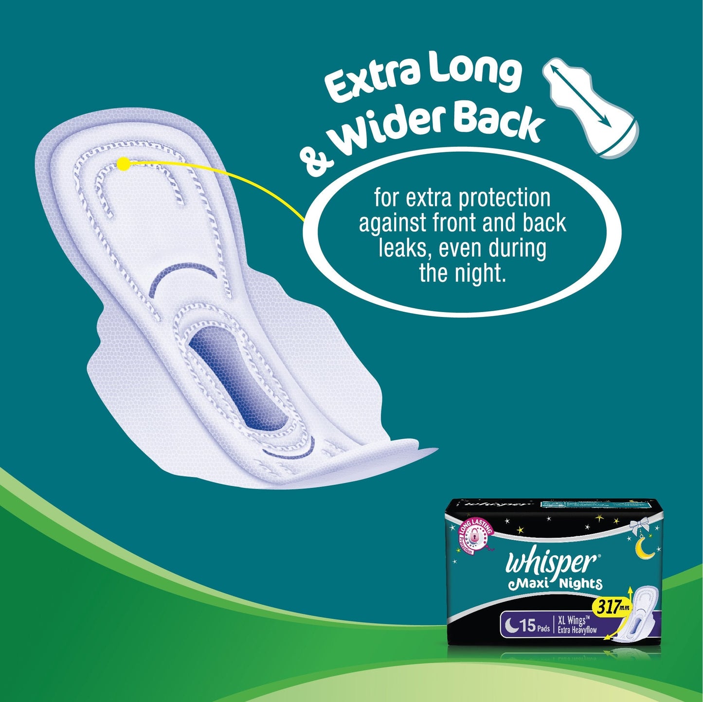 Whisper Maxi Nights Sanitary Pads for Women, XL, Pack of 15 Napkins