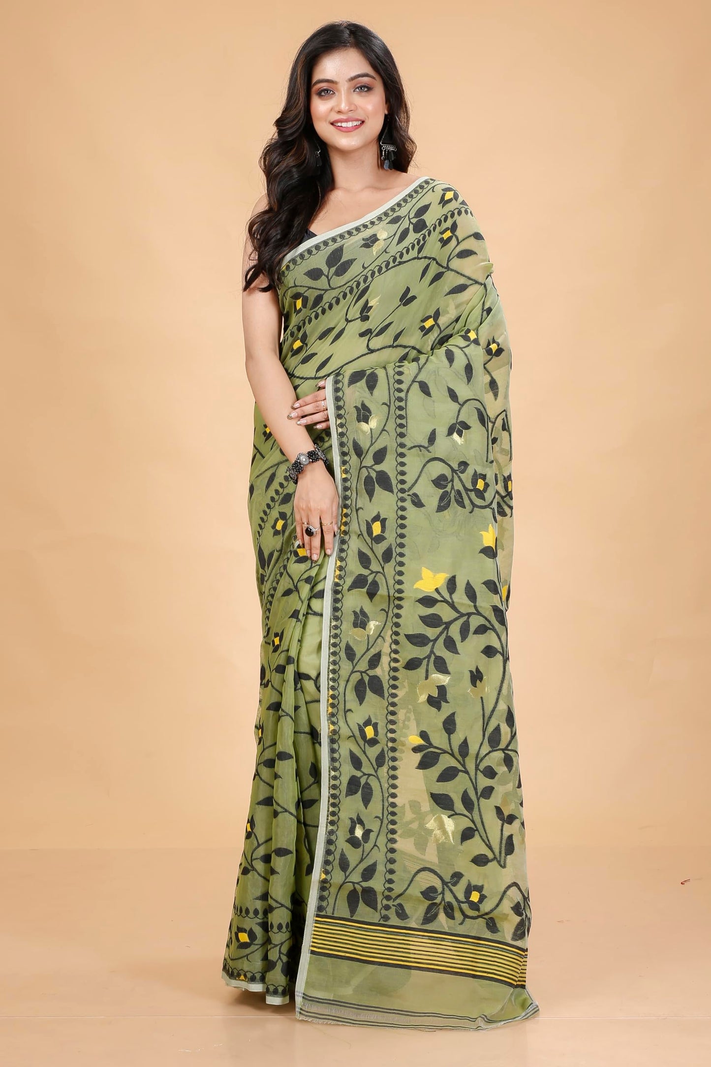 Tant Vastra Women’s Soft Resham Dhakai Lata Jamdani Saree without Starch And Without Blouse Piece (Light Pista)