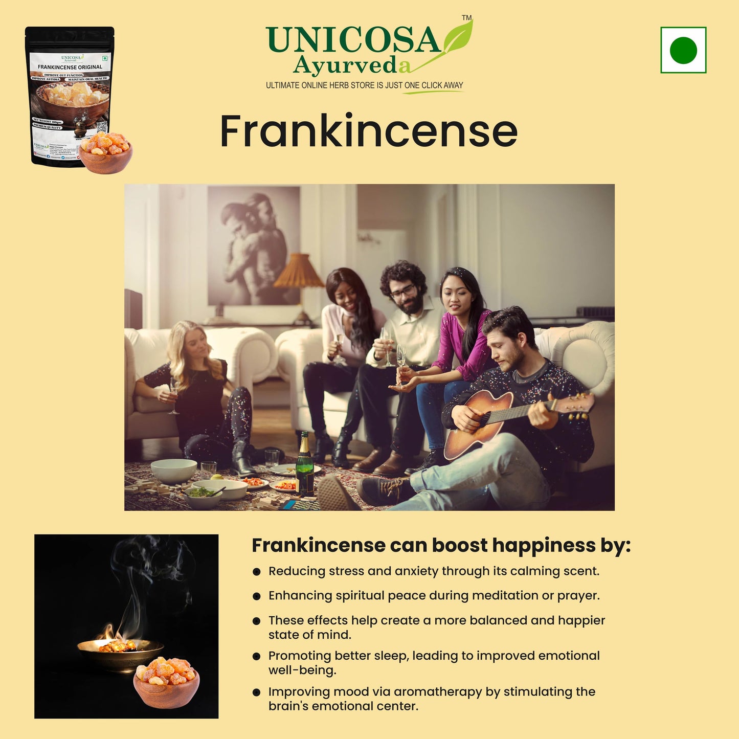 UNICOSA Ayurveda Pure Frankincese Resin 100gm Kunduru | Loban | Monastery Incense | Olibanum | Boswellia Carterii | Frankincense Tears | Pure Frankincense Granules | Premium Incense