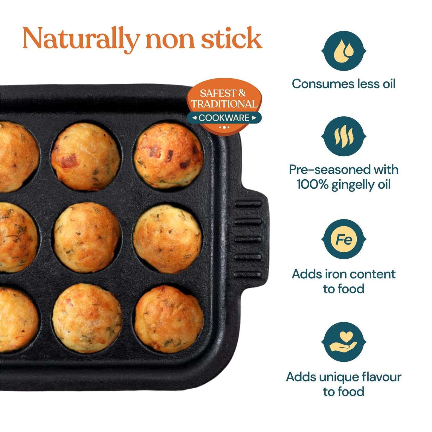 Bhagya Cast Iron Cookware Bhagya Cast Iron Paniyaram Pan/Unniyappam Chatty/Paddu Maker/Appam Pan Pre-Seasoned | Naturally Non-Sticky Cookware | Non Toxic - 9 Holes, Large