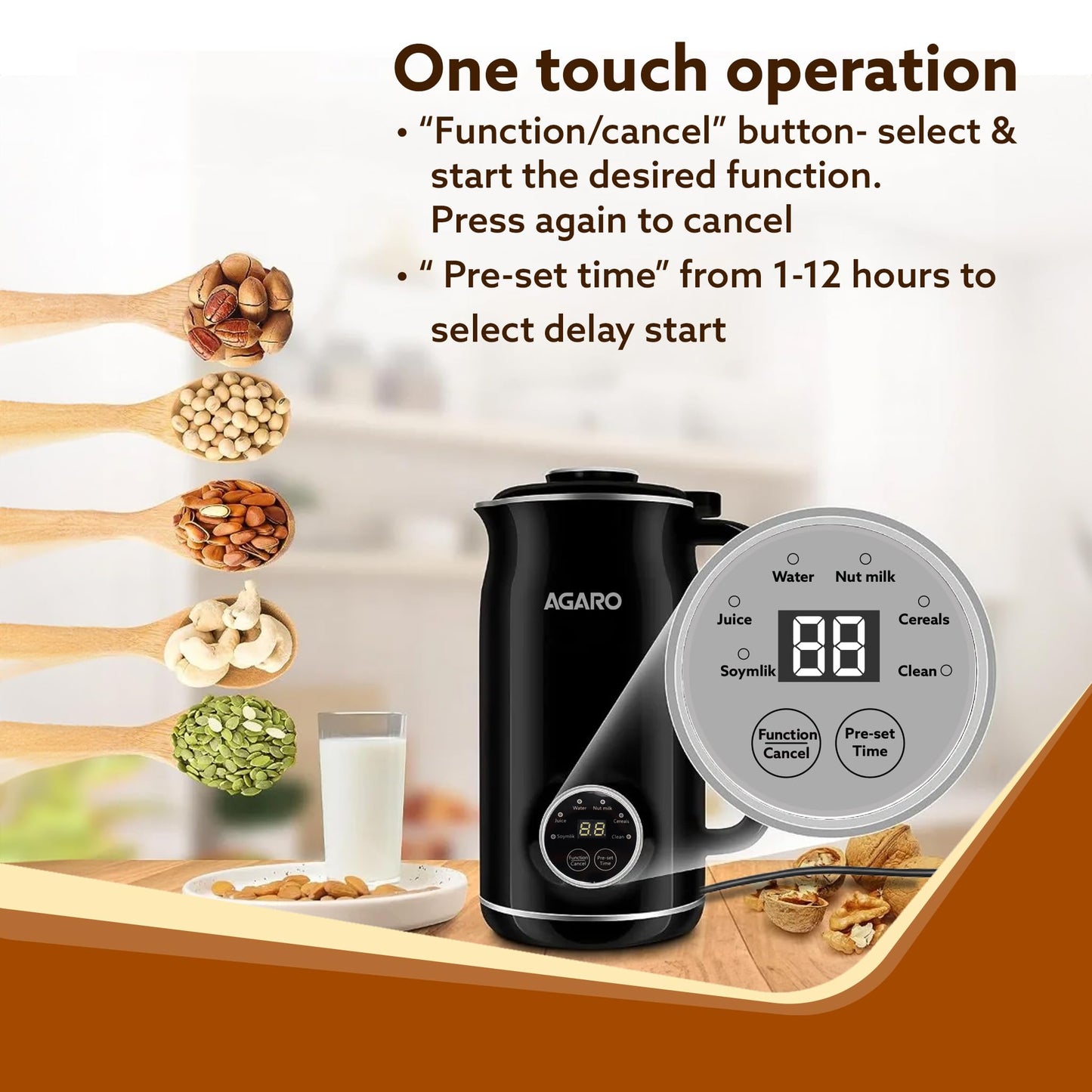 AGARO Regency Automatic Nut Milk Maker, Vegan Milk Machine, Make Vegan Milk From Nuts, Almonds, Soya, Oats etc, Boil Water, Juice, Cereals, Stainless Steel Body, 600ml, Black