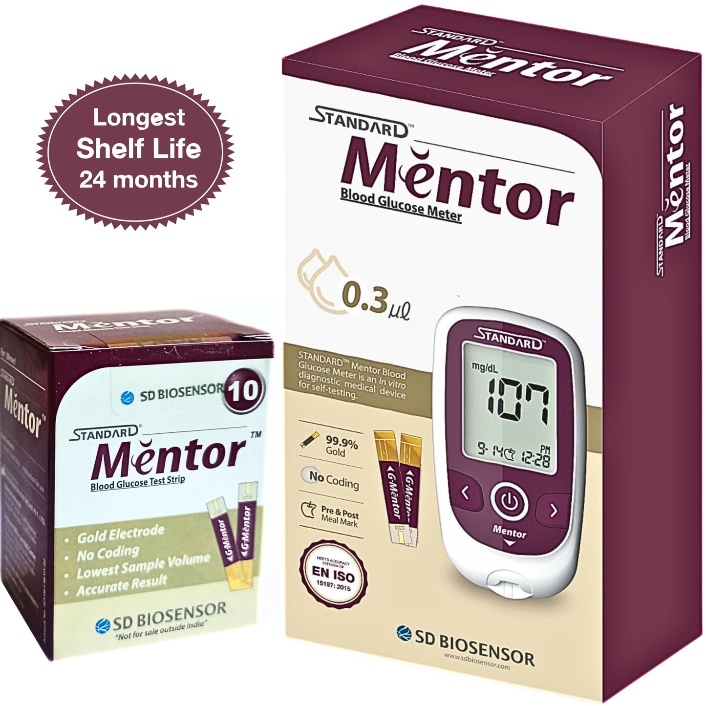 STANDARD Mentor Digital Blood Glucose Meter for self Diabetes testing monitor machine with 10 Strips & complete medical device Kit - Glucometer (Magenta)