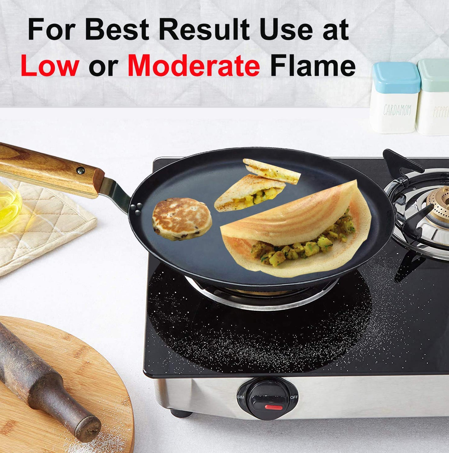 amicus Kitchen Premium Iron Tawa for Dosa Roti Chapati, Flat Iron Tava with Wooden Handle, Induction Friendly,10 Inch,1.2 Kg, Black