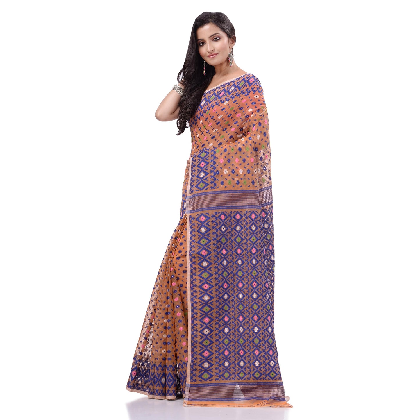 TANTLOOM Sparkle Diamond Resham Dhakai Jamdani Bengal Woven Handloom Pure Cotton Saree for Women Without Blouse Piece