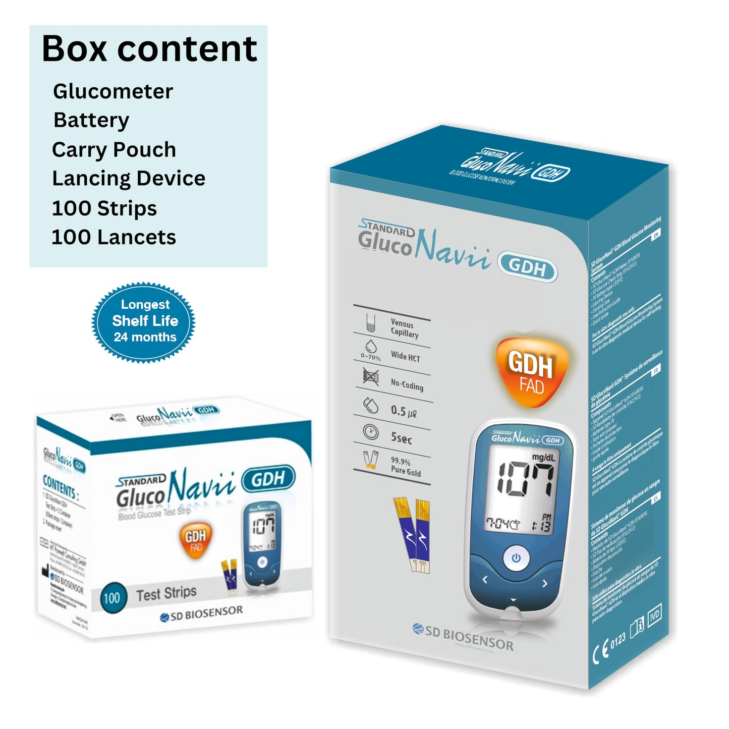STANDARD Gluco Navii GDH Blood Glucose Monitor with 100 Strips - Glucometer