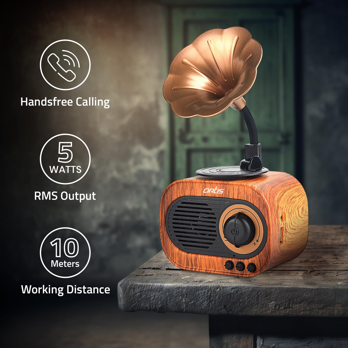 Artis BT12 Classic Retro Wireless BT Speaker with FM/USB/AUX in & Hands Free Calling (5W RMS Output)