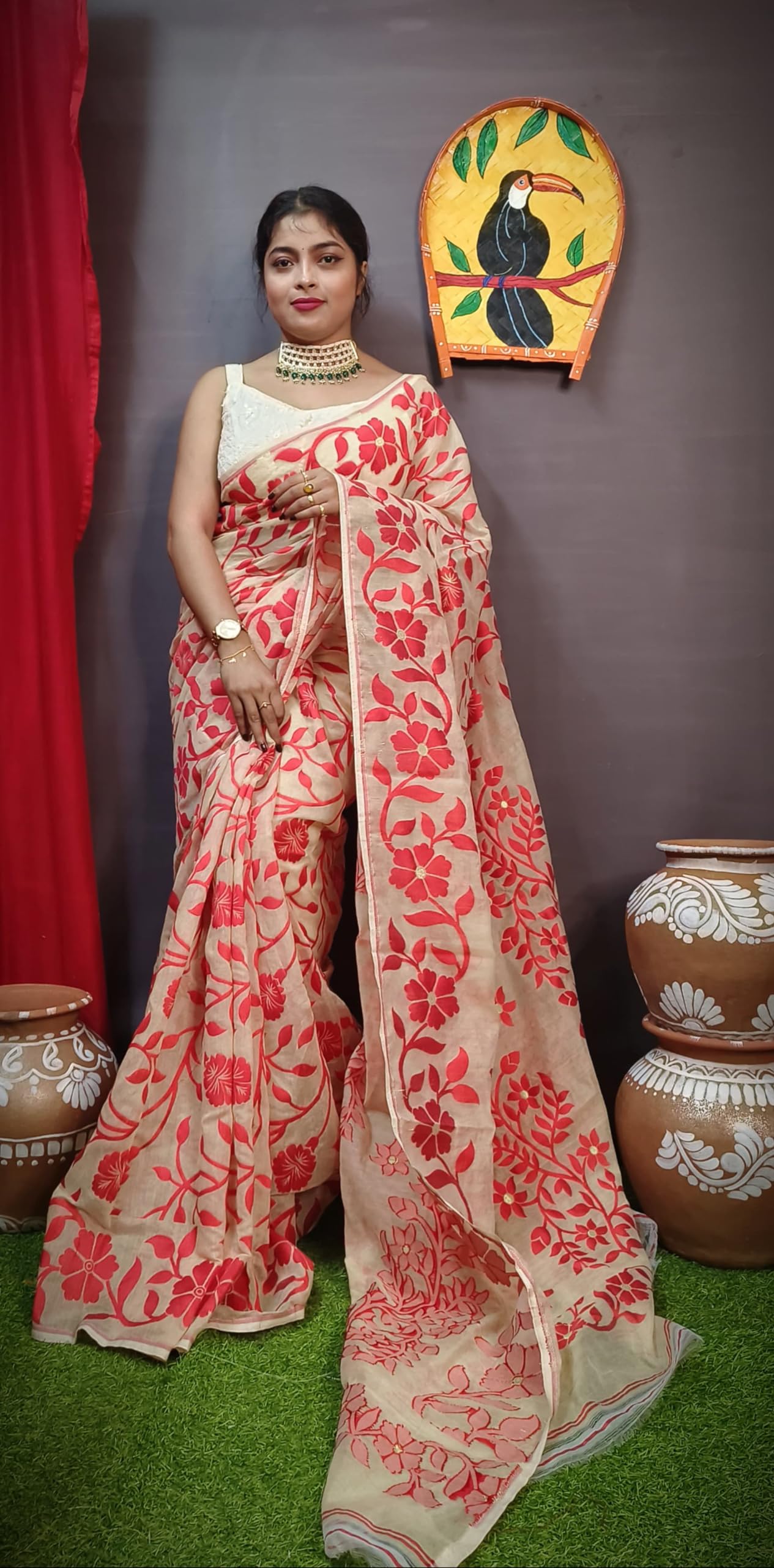 Women's Floral Print Lata Design Jamdani Cotton Silk Saree Without Blouse Piece (Cream)