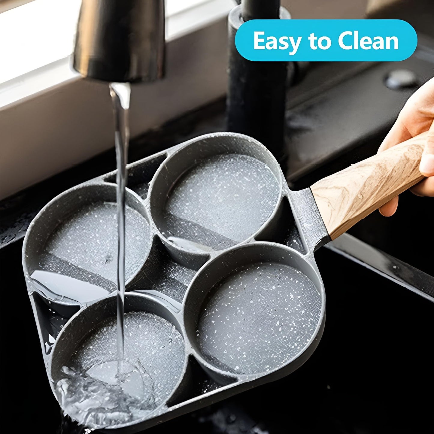 VDNSI Non Stick Frying Pan 4 Hole Ceramic Pan for Cooking Non Stick Egg Frying Pan with Wooden Handle Non Stick Omelette Pan Iron Cooking Pans for Kitchen (1pcs) (Black)