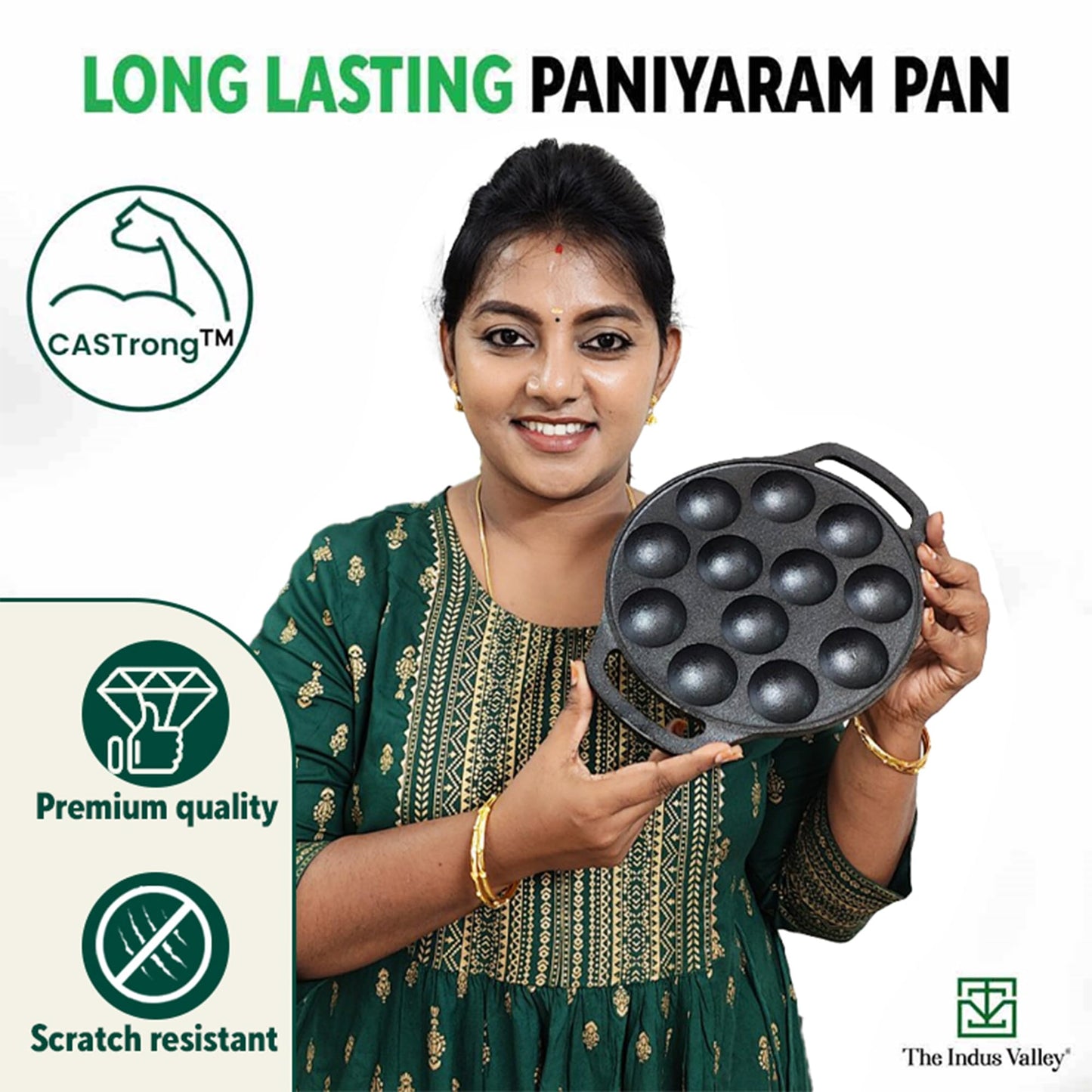The Indus Valley Pre-Seasoned Cast Iron Paniyaram Pan With Loop Handle | 12Pit, 8.3Inch/21 Cm, 2.15Kg | Nonstick Appe/Paddu Pan, 100% Pure & Toxin-Free, Black