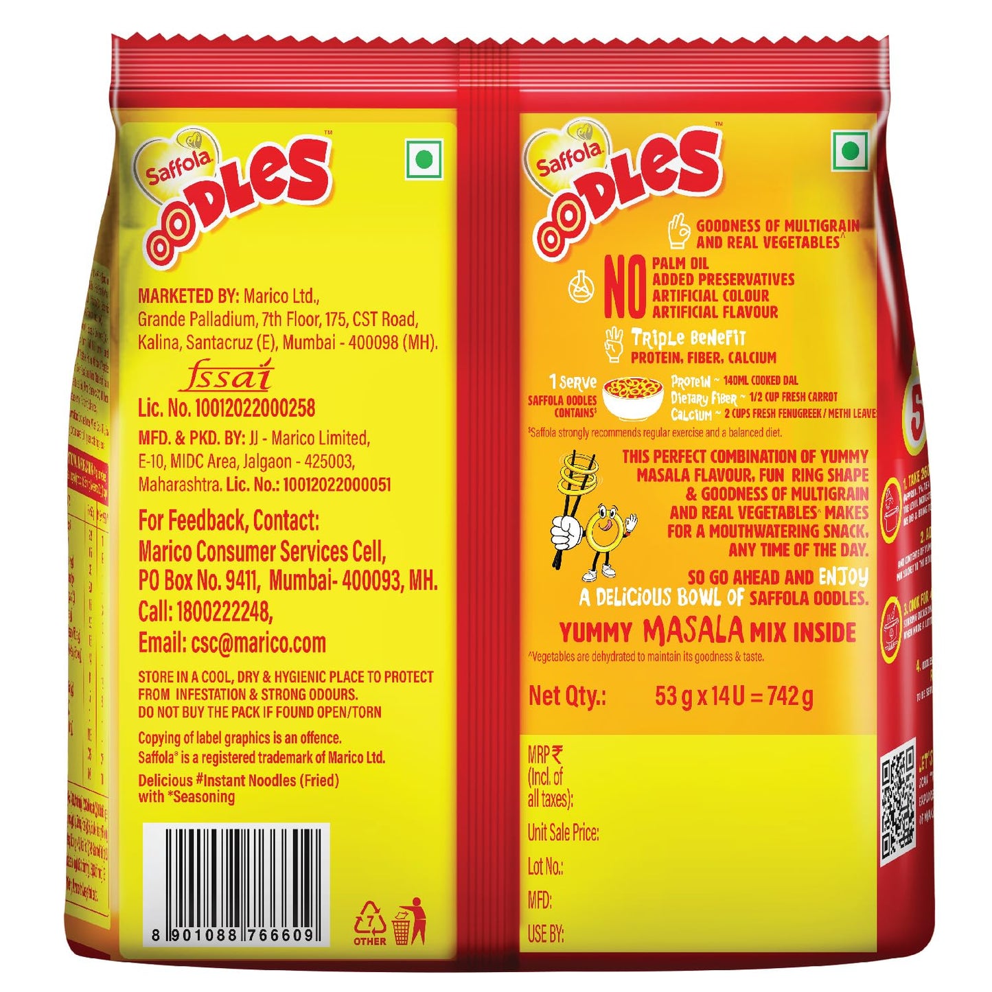 Saffola Oodles Yummy Masala Pack of 14 (14x53g) 742gm, Instant Noodles, Ring Noodles, No Maida, Goodness of Millet & Oats