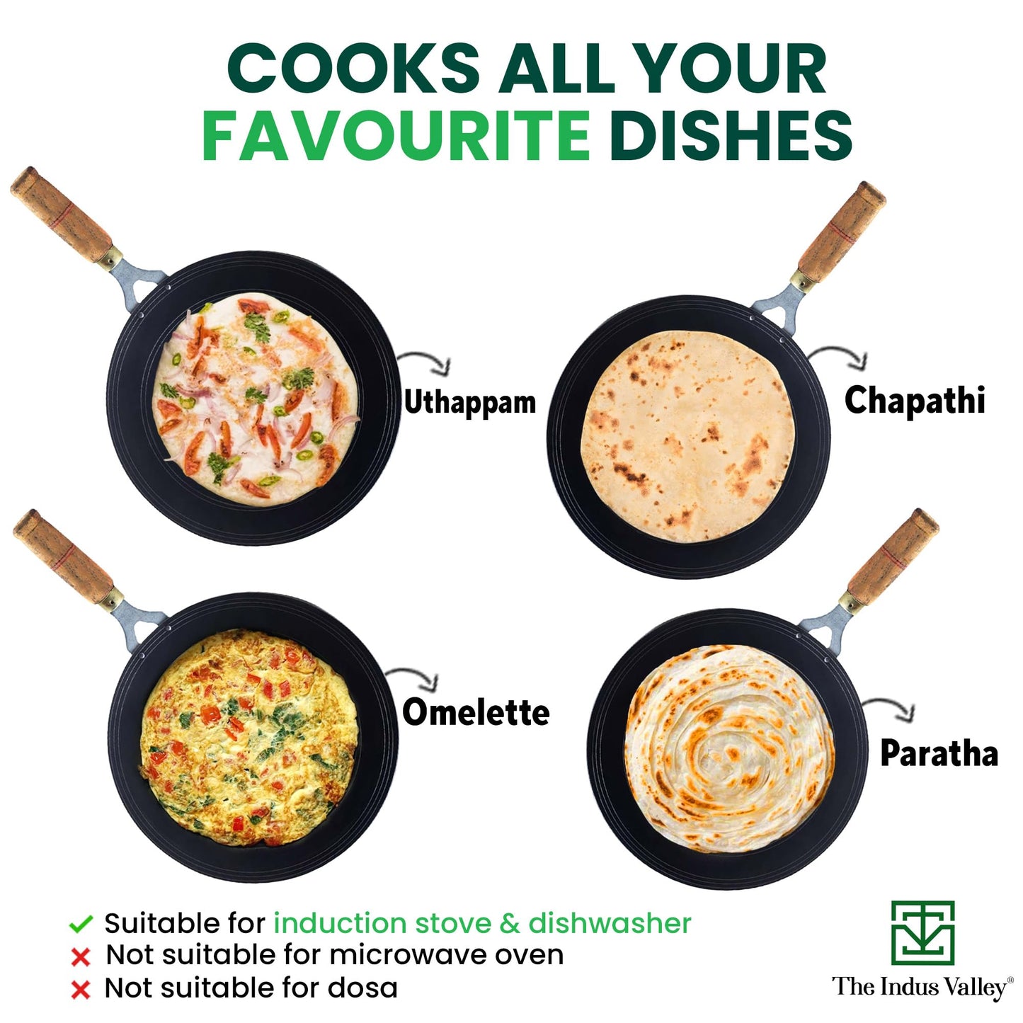 The Indus Valley Pre-Seasoned Iron Tawa for Dosa/Chapathi with Wooden Handle | 27cm/10.6 inch, 0.95kg | Gas Stove Friendly | 100% Pure & Toxin-Free, No Chemical Coating