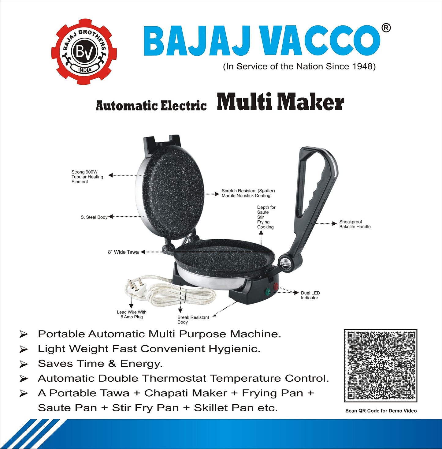 BAJAJ VACCO® Automatic MultipurposeChapati – Multi Maker, 900 WattageCMM – 01
