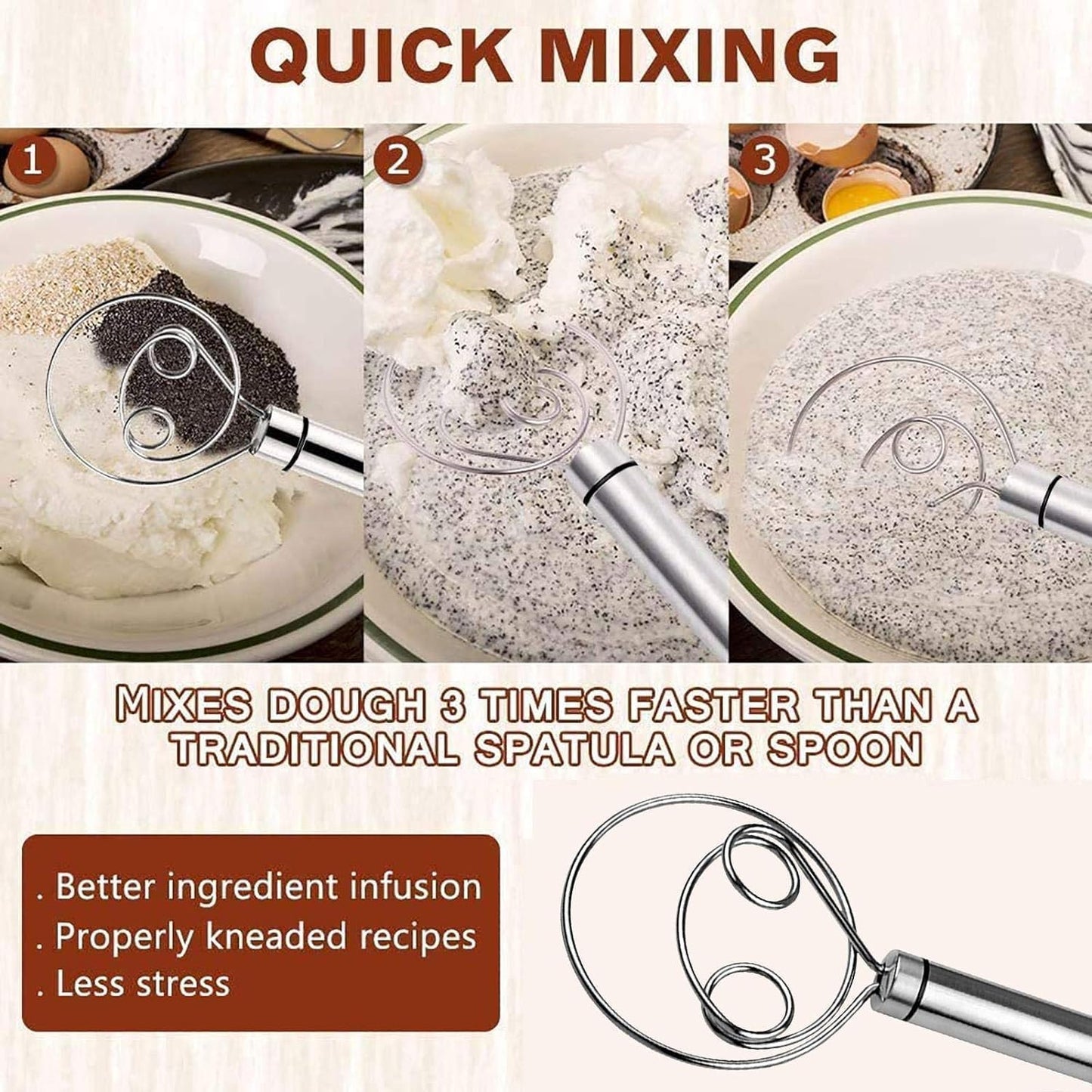 BEYOND BASIC Multifunctional Effortless Stainless Steel Dough Mixer with Hanging Hole Durable Time-Saving Mixing Stick Baking Tools Egg Beater for Home Kitchen Baking Accessories 1 Pcs
