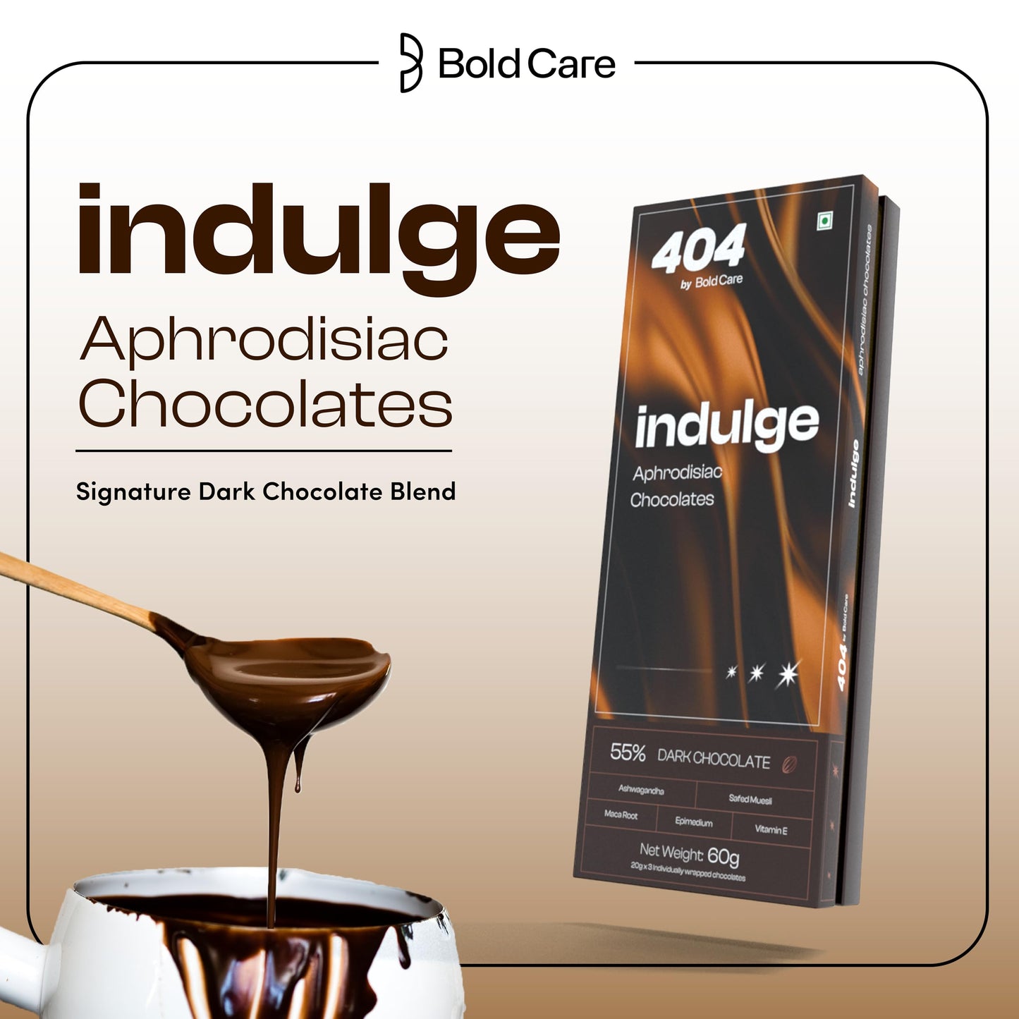 Bold Care Indulge Aphrodisiac Chocolate (60 gms) | Rich dark chocolate for improving mood & vitality | Created with Ashwagandha & Maca Root