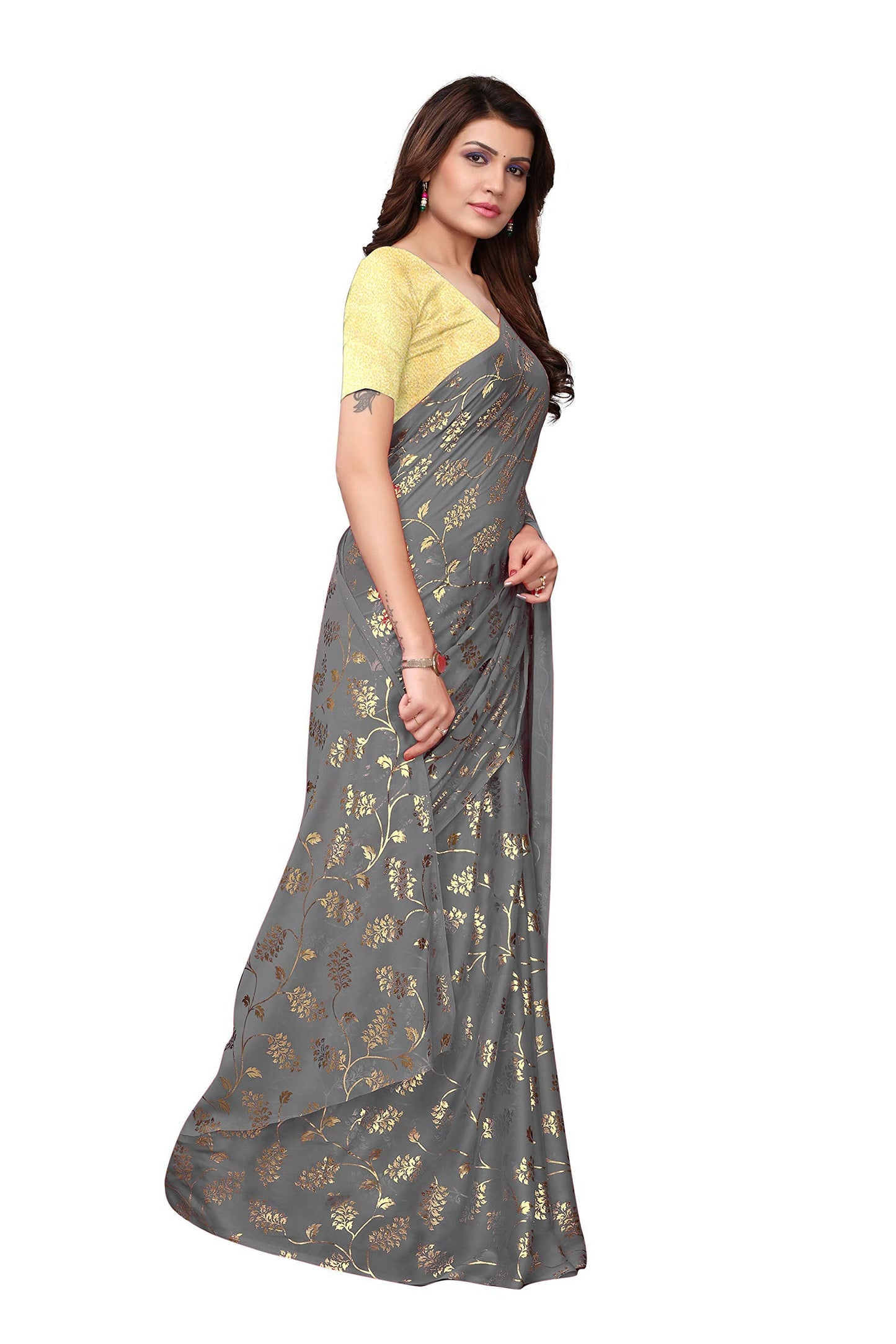 Yashika Silk with Blouse Piece Saree (FOIL Floral Black_Grey_Free Size)