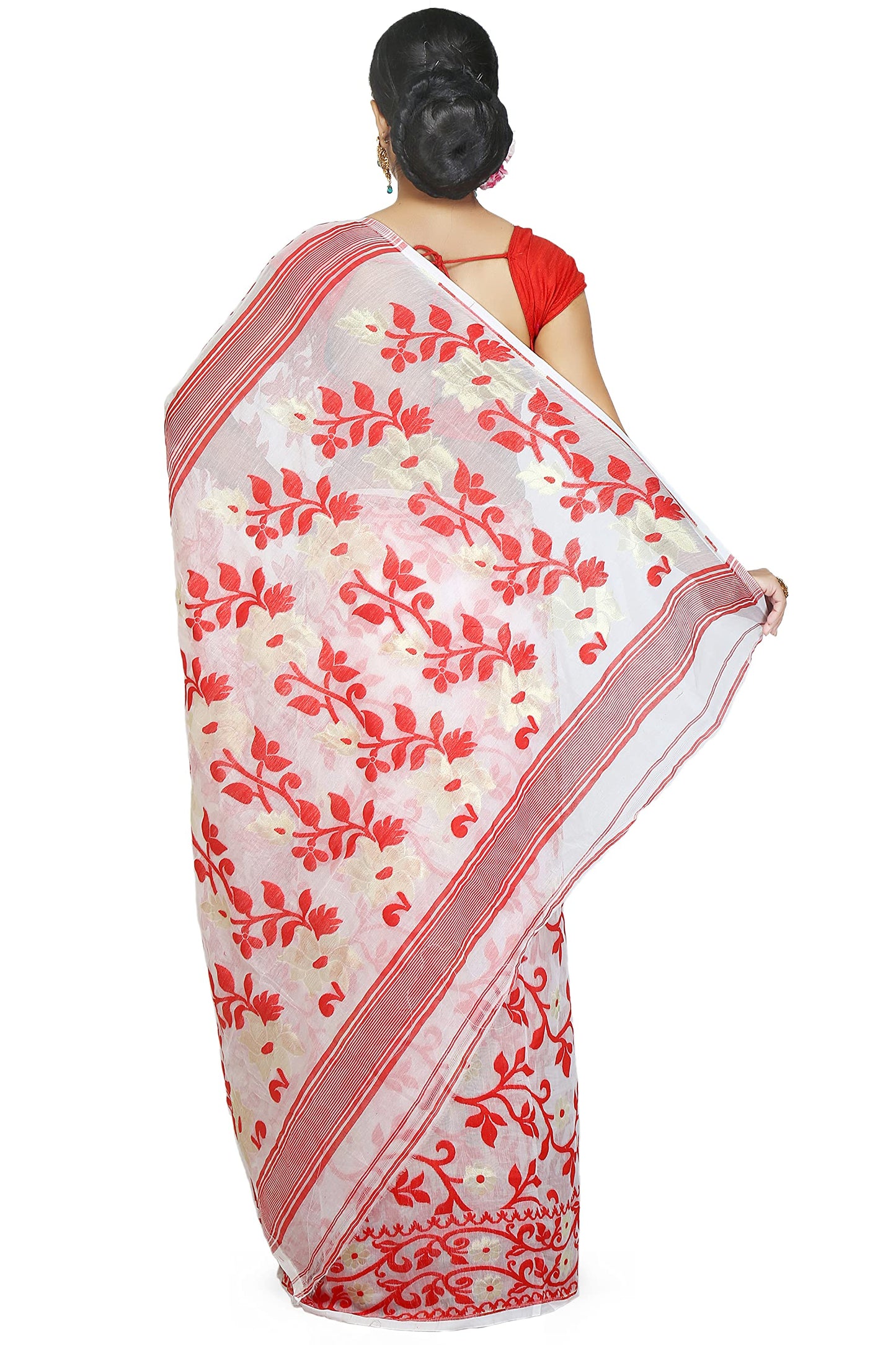 BENGAL HANDLOOM Exclusive Women's Cotton Silk Dhakai Allover Soft Jamdani Sarees (White & Red)