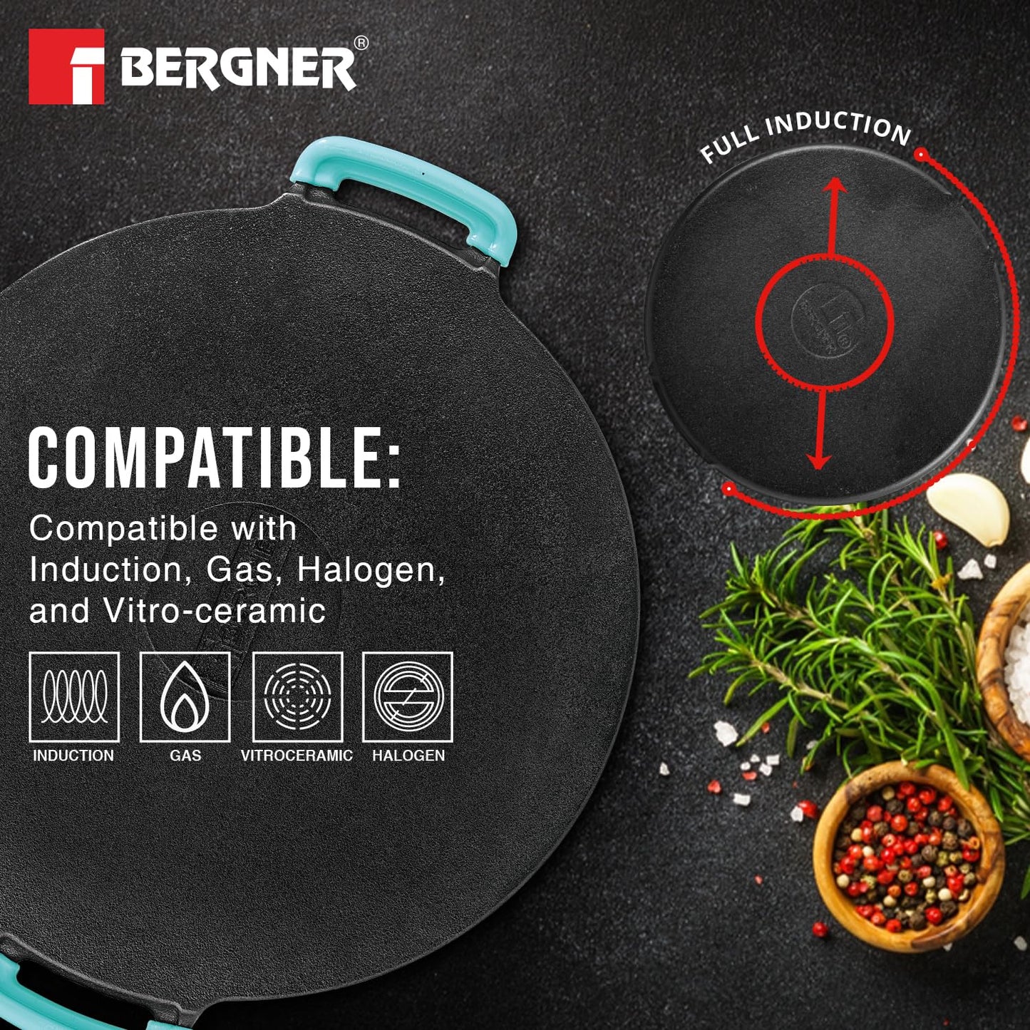 Bergner Eco Cast Iron 30cm Dosa Tawa, Pre-Seasoned, Large Loha Tawa for Dosa, Even Heat Distributor, Retains Heat to Enhance Flavor, Comes with Silicone Sleeve - Induction Base and Gas Stove Ready