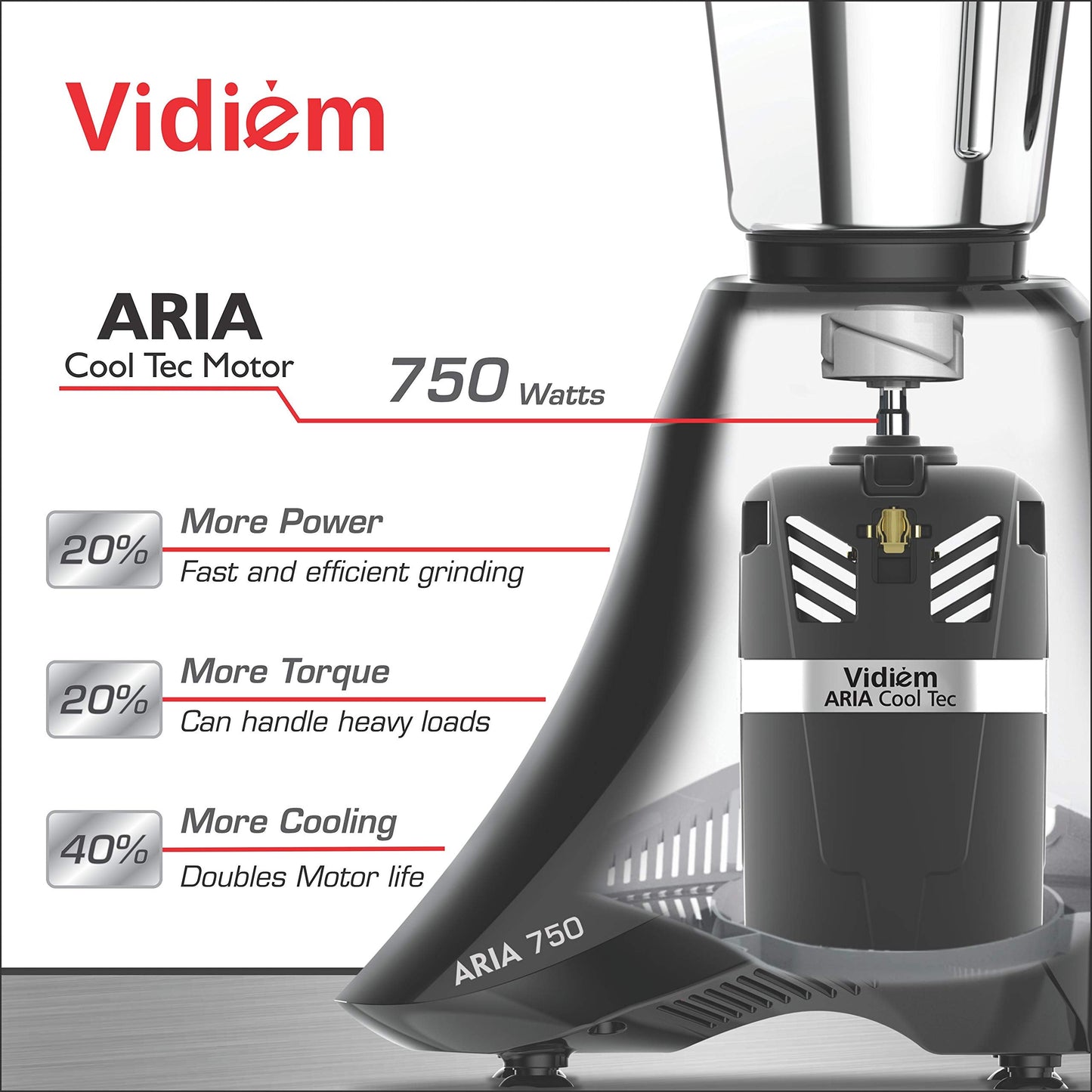 Vidiem Mixer Grinder 577 A Vector SS (Black) | 750-watt mixer grinder 3 Leakproof Jars with self-lock for wet & dry spices, chutneys & curries | 5 Years Warranty